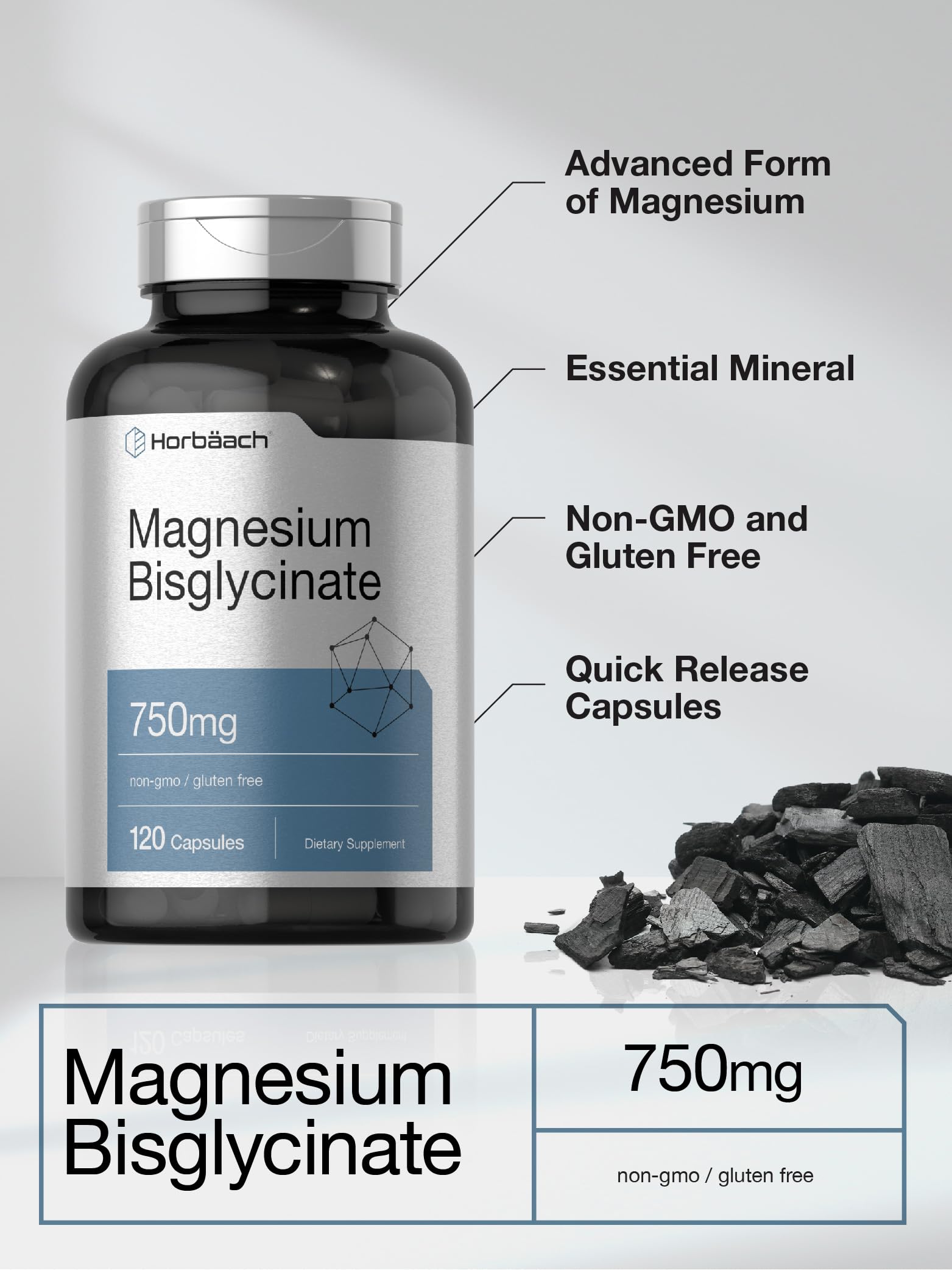 Nutrition facts panel for Horbäach Magnesium Bisglycinate 750 mg, precise dosing