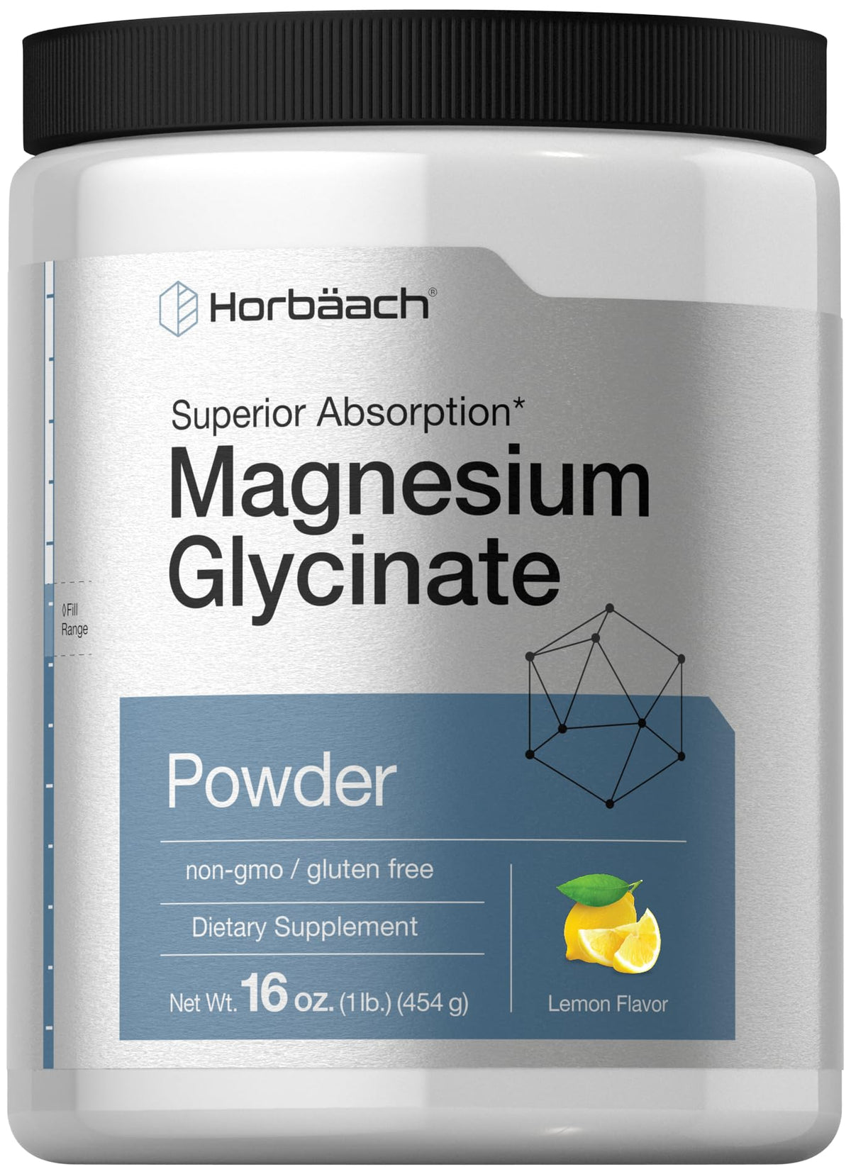Horbäach Magnesium Glycinate Lemon Powder bottle with easy-mix lemon flavor