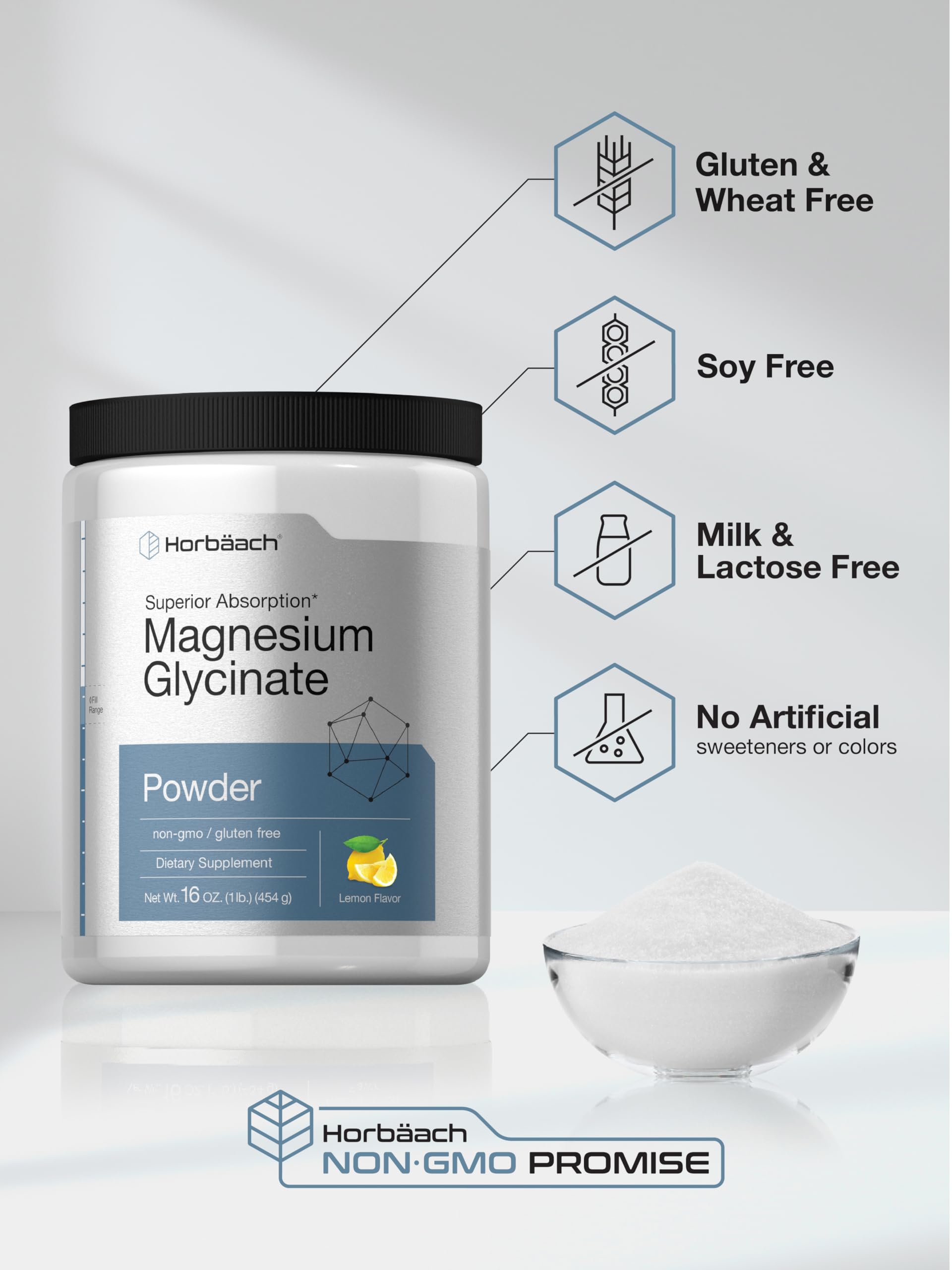 Horbäach Magnesium Glycinate Lemon Powder in glass bottle demonstrates daily use