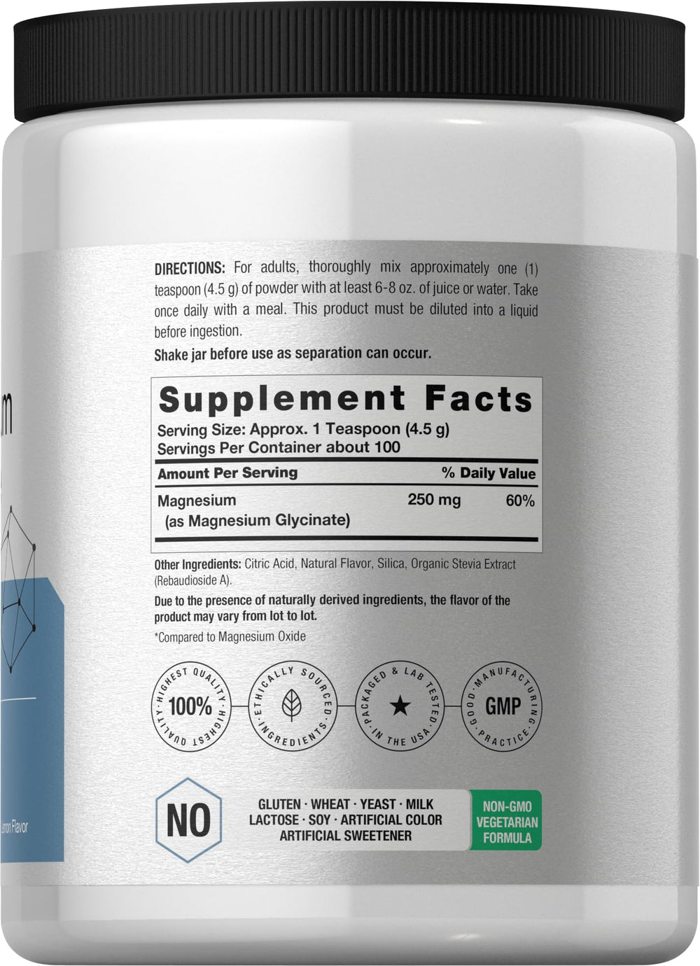 Horbäach Magnesium Glycinate Lemon Powder label shows purity and Non-GMO formulation