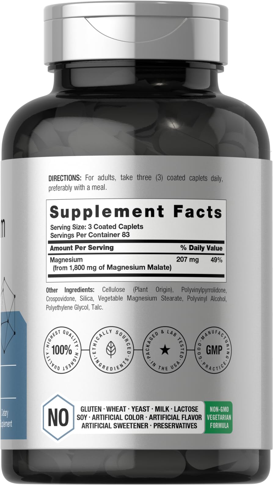 Horbäach Magnesium Malate 1800mg bottle label detail highlighting gluten-free and non-GMO features.