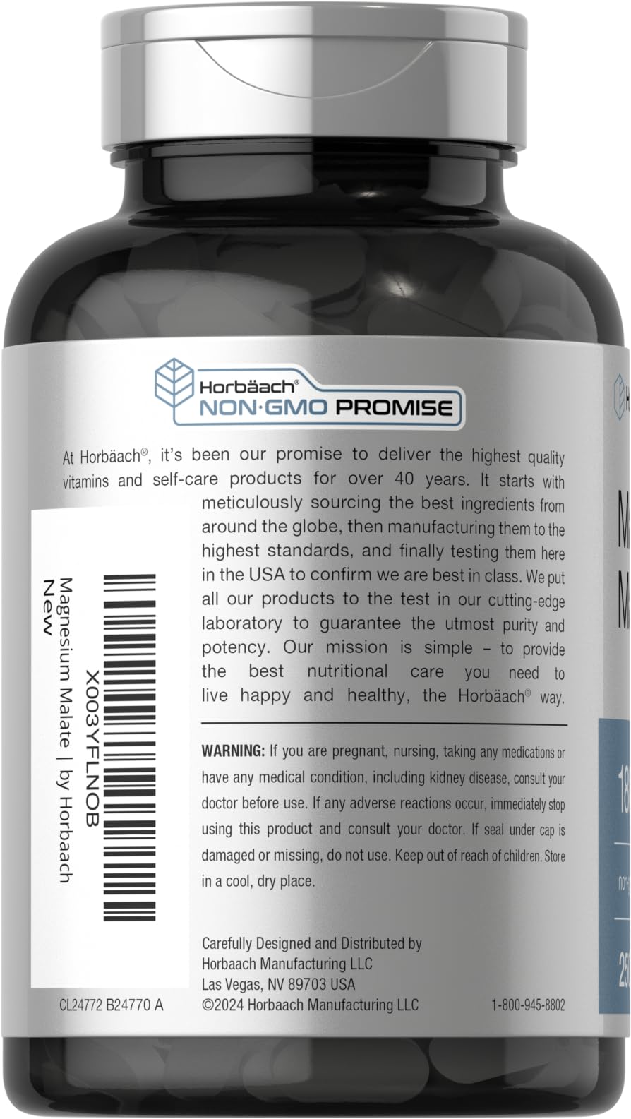 Horbäach Magnesium Malate 1800mg caplets closeup showing coated easy-swallow design.