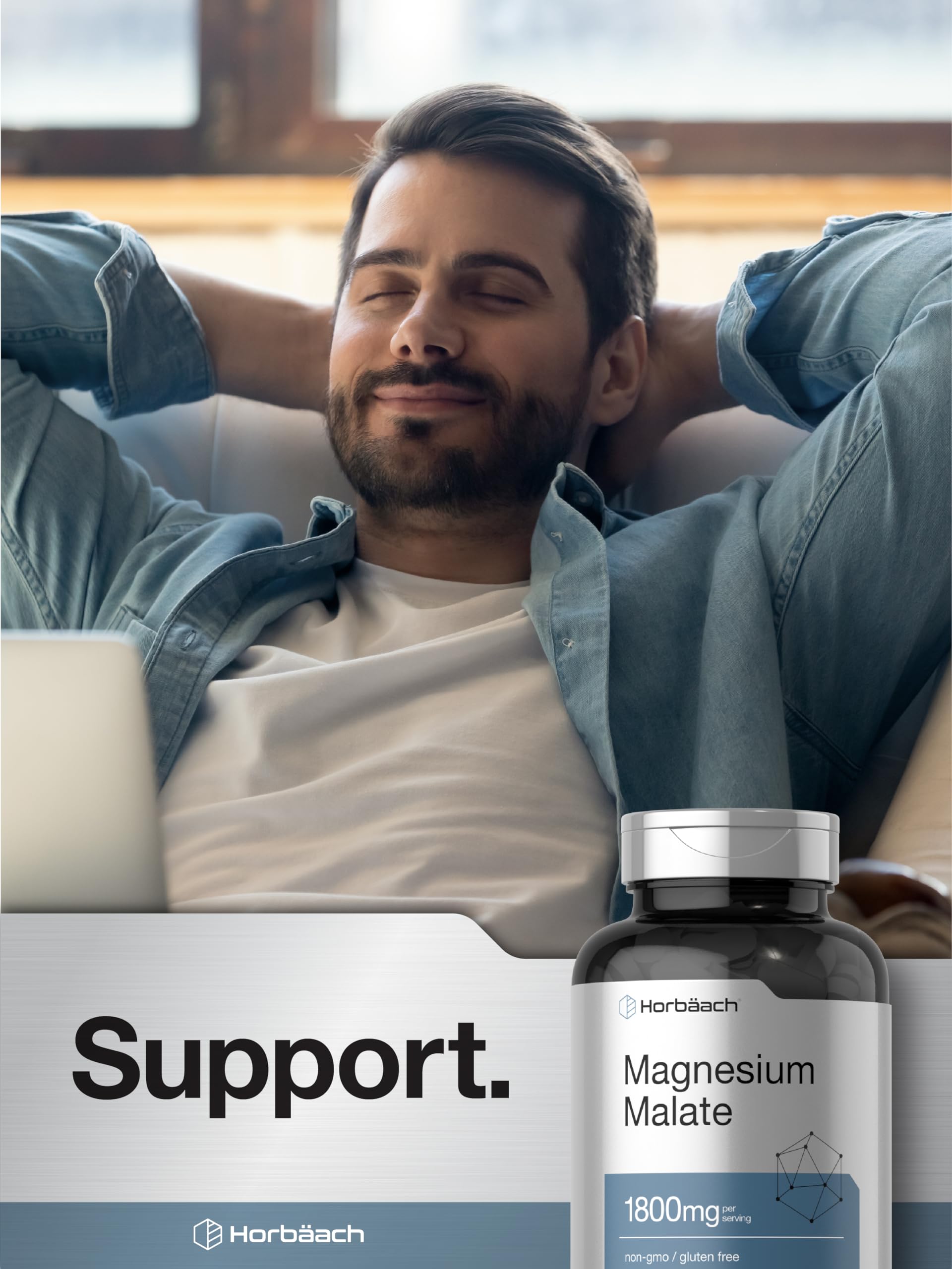 Horbäach Magnesium Malate 1800mg label shows gluten-free and non-GMO assurance.