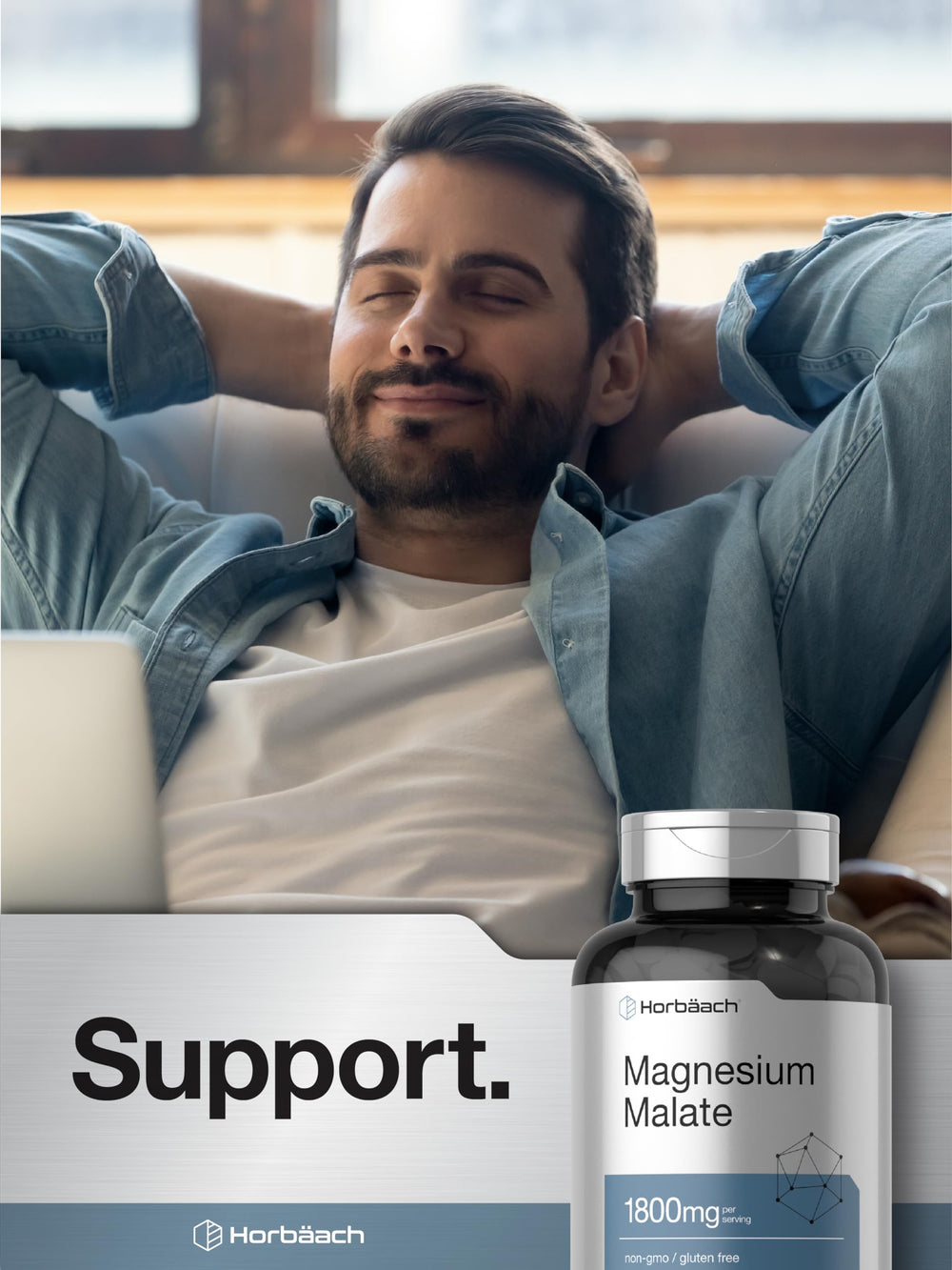 Horbäach Magnesium Malate 1800mg label shows gluten-free and non-GMO assurance.