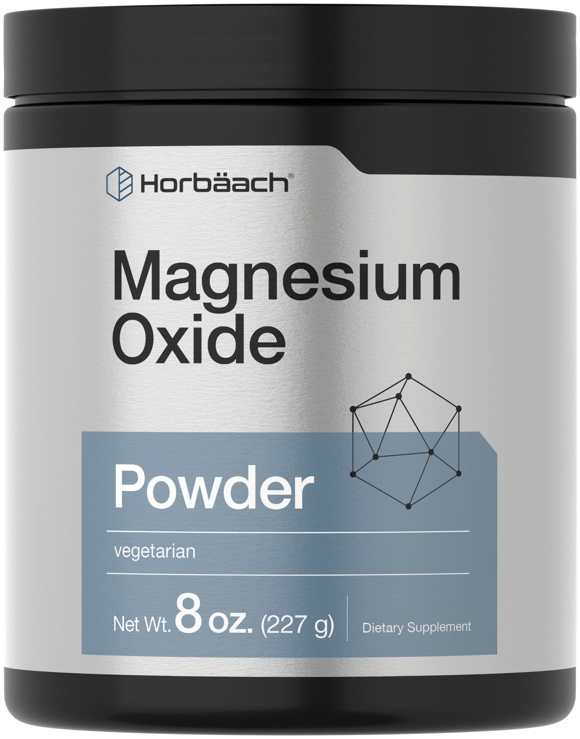 Horbäach Magnesium Oxide Powder bottle front shows 400 mg per serving for daily mineral support.