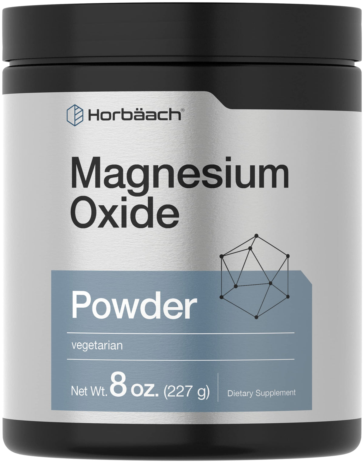 Horbäach Magnesium Oxide Powder bottle front shows 400 mg per serving for daily mineral support.