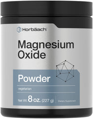 Horbäach Magnesium Oxide Powder bottle front shows 400 mg per serving for daily mineral support.
