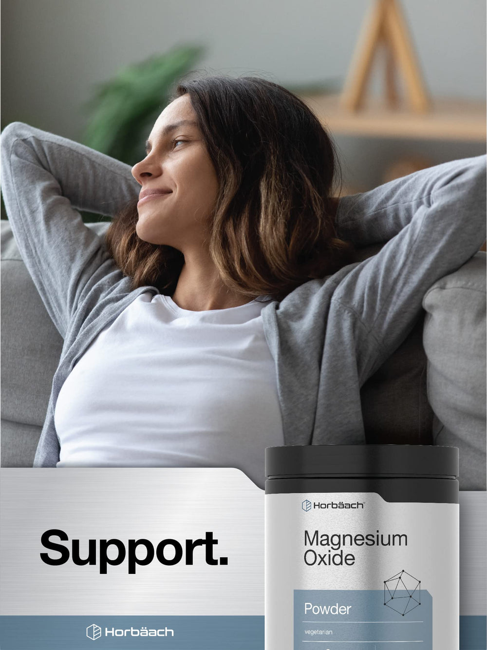 Horbäach Magnesium Oxide Powder gluten-free mark reassures suitability for gluten-sensitive buyers.