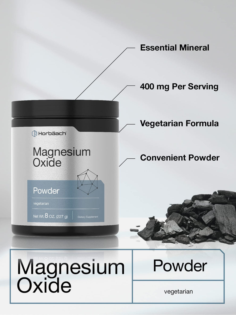 Horbäach Magnesium Oxide Powder label closeup highlights gluten-free and vegetarian formulation.