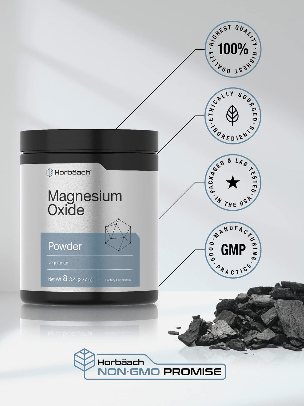 Horbäach Magnesium Oxide Powder nutrition label emphasizes non-GMO formulation and natural ingredients.