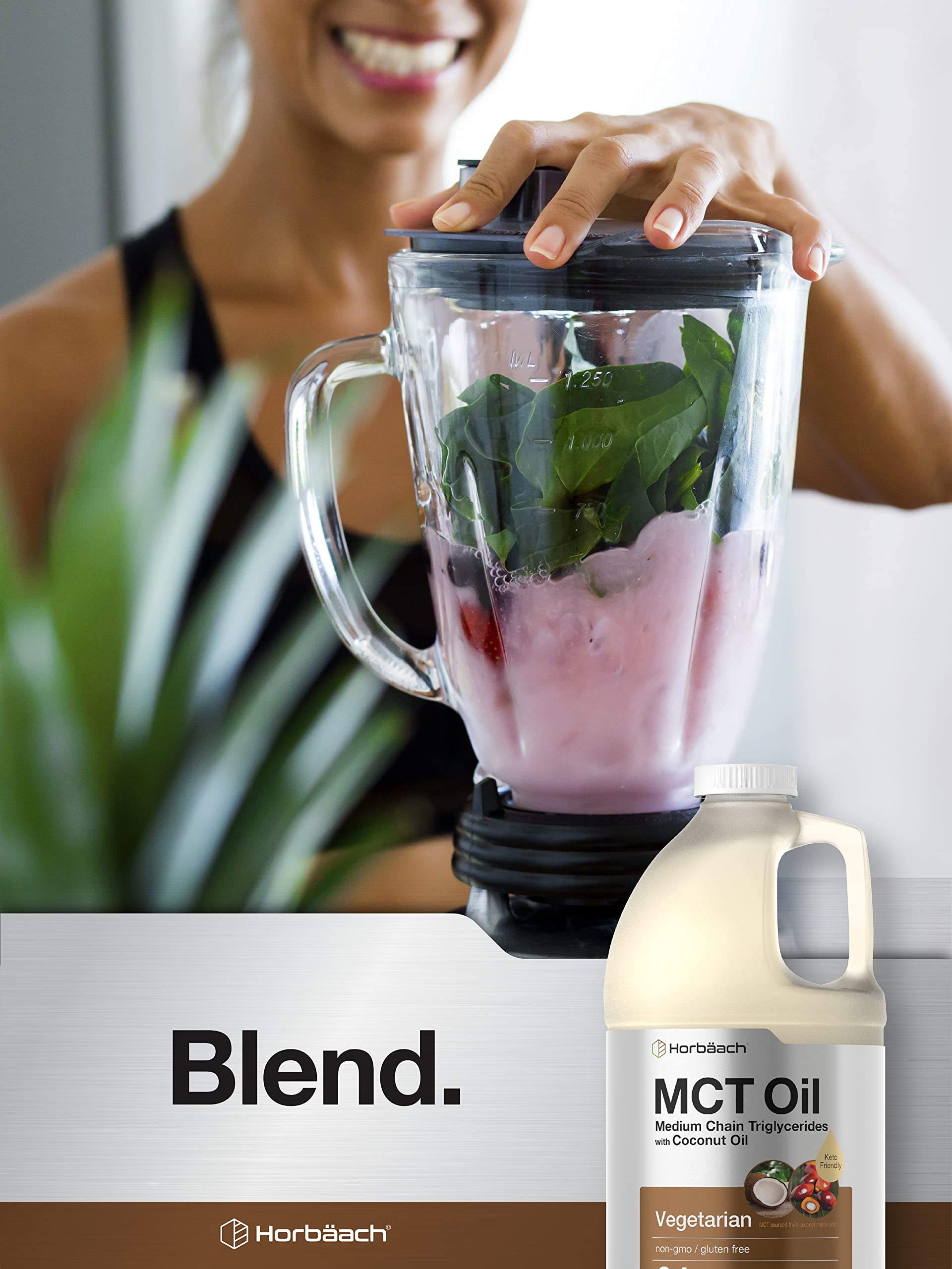 Horbäach MCT oil bottle beside glass juice for easy mixing