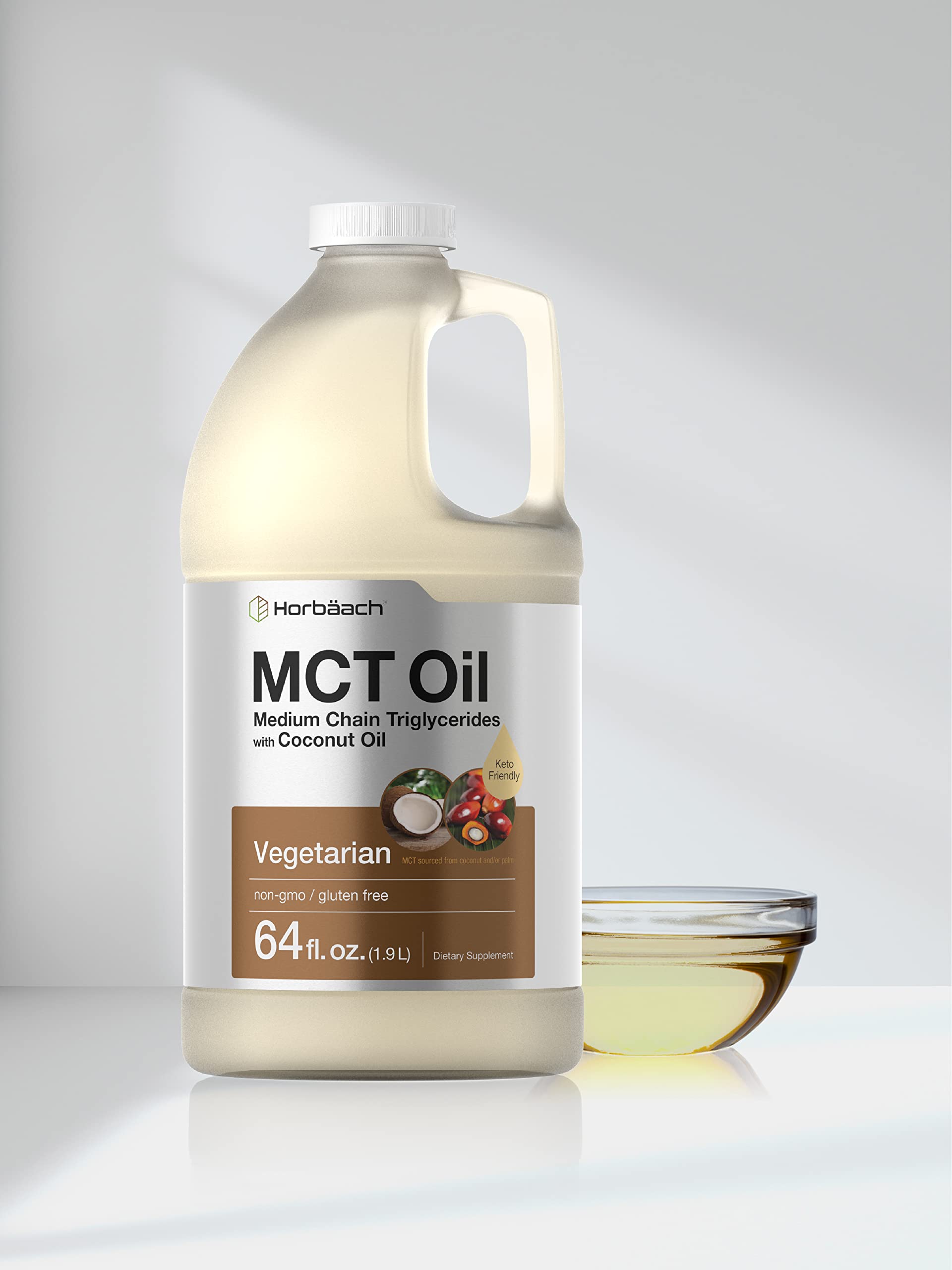 Horbäach MCT oil packaging on pantry shelf with nutrition highlights