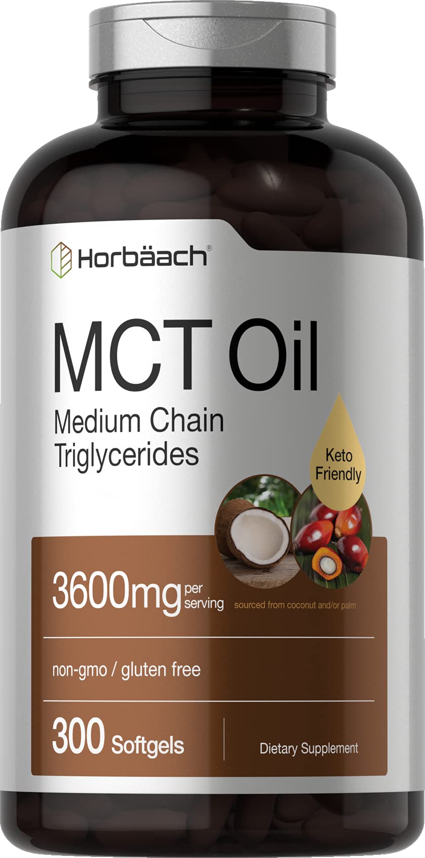Horbäach MCT Oil Pills bottle highlighting 3600 mg per softgel for keto use.
