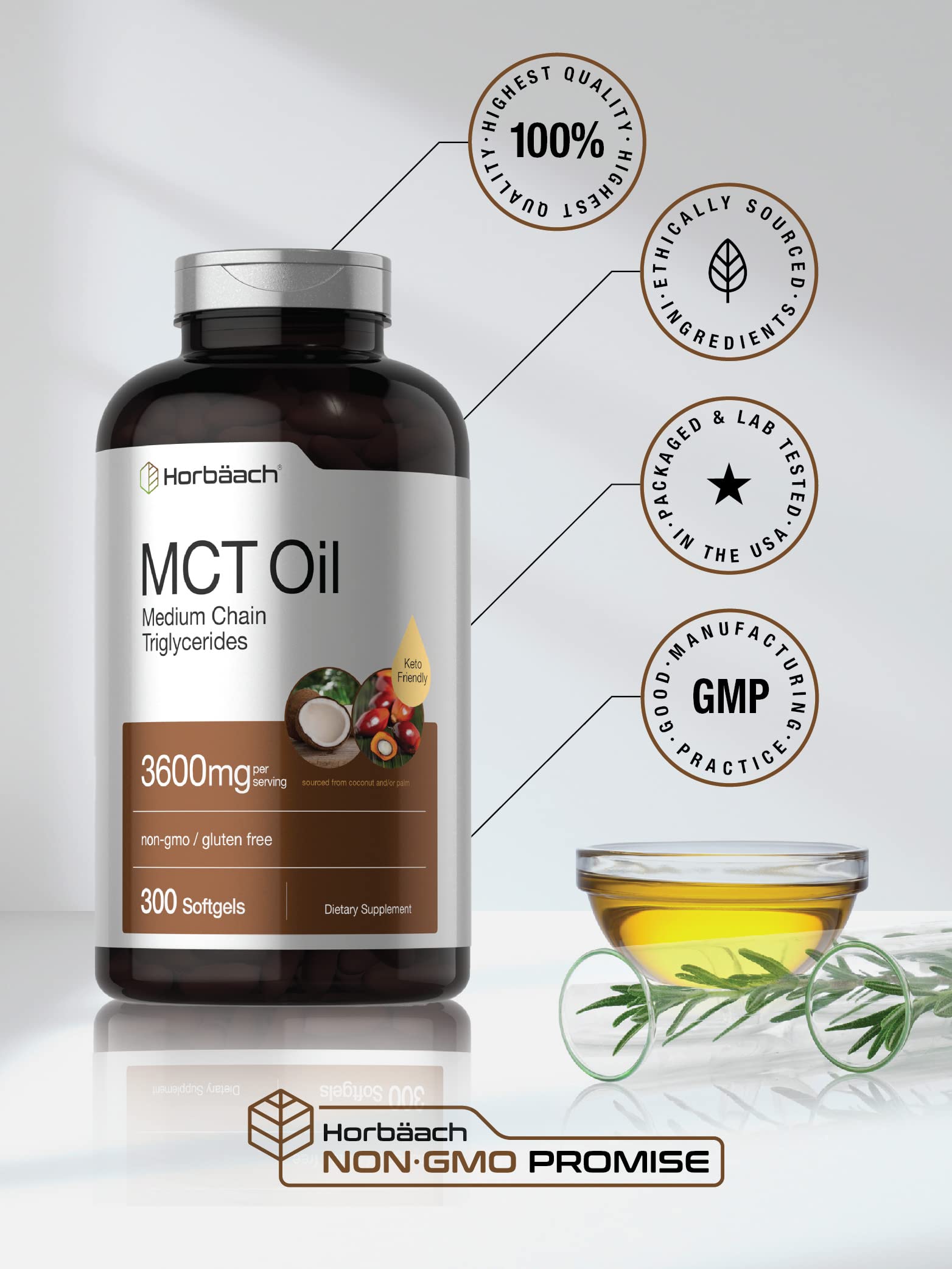 Horbäach MCT Oil Pills gluten-free and non-GMO badge on bottle.