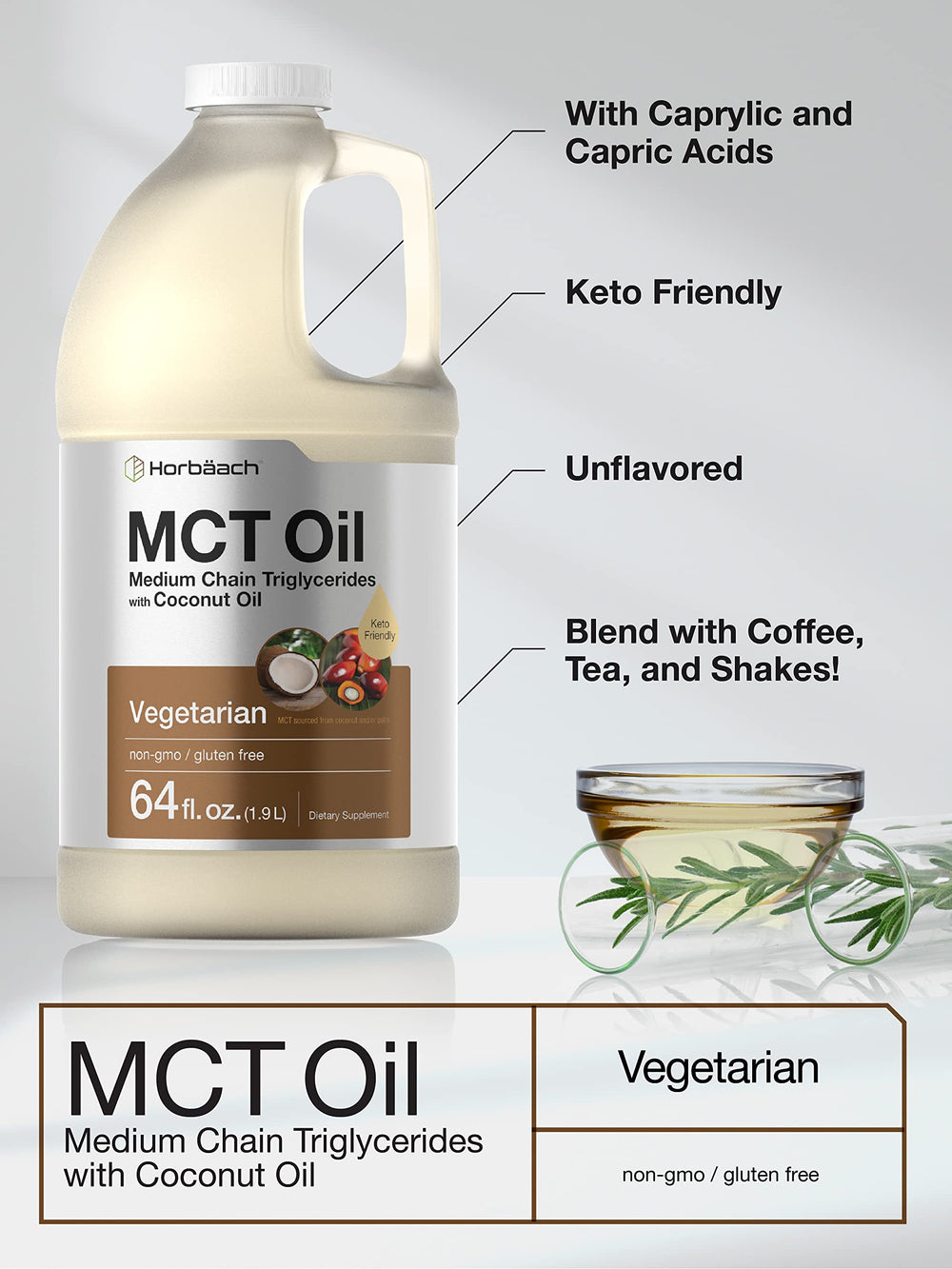 Horbäach MCT oil unflavored bottle close-up for versatile use
