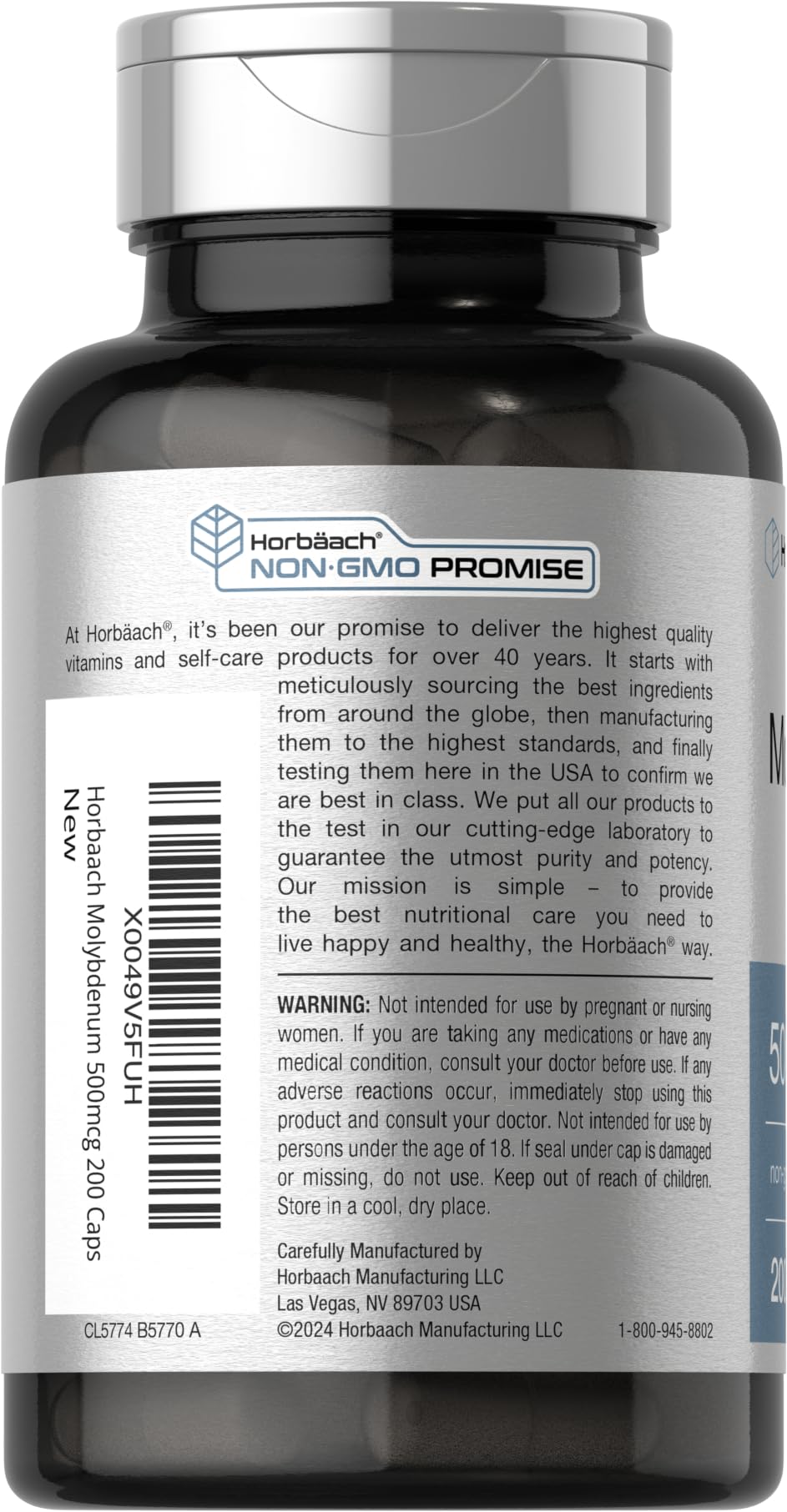 Close-up of Horbaach label highlighting gluten-free and non-GMO.