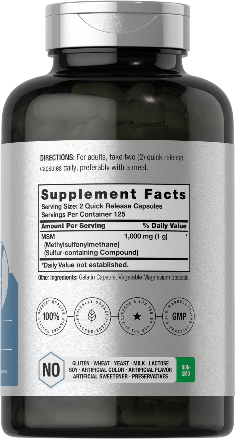 Horbaach MSM bottle label highlights gluten-free, non-GMO formula for clean ingredients.
