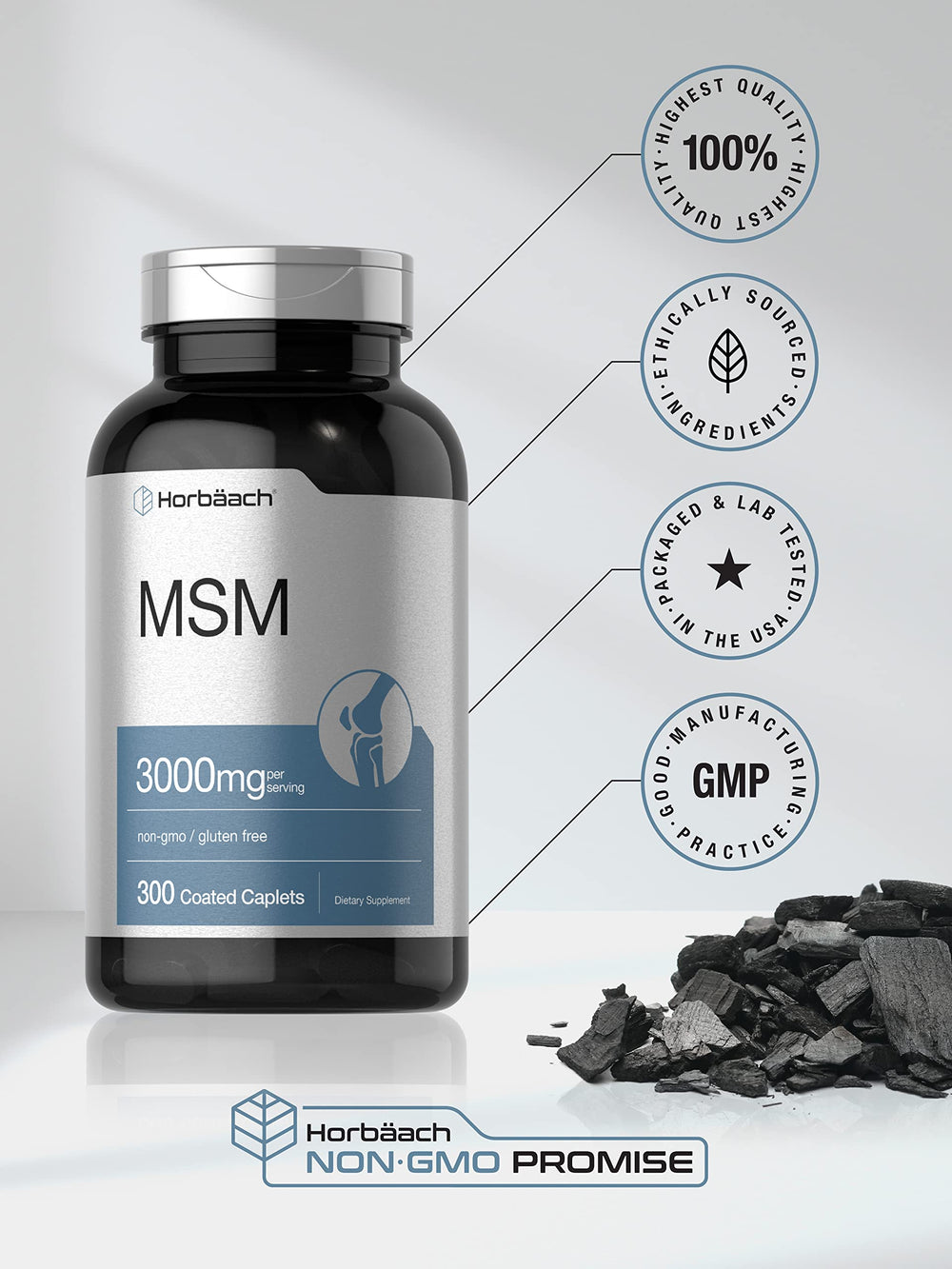 Horbäach MSM bottle displays vegetarian symbol for plant-based capsules.
