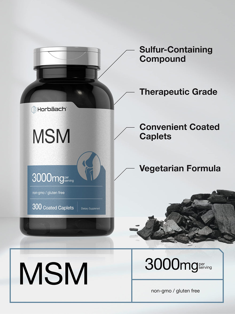 Horbäach MSM bottle label confirms lab-tested quality and potency.