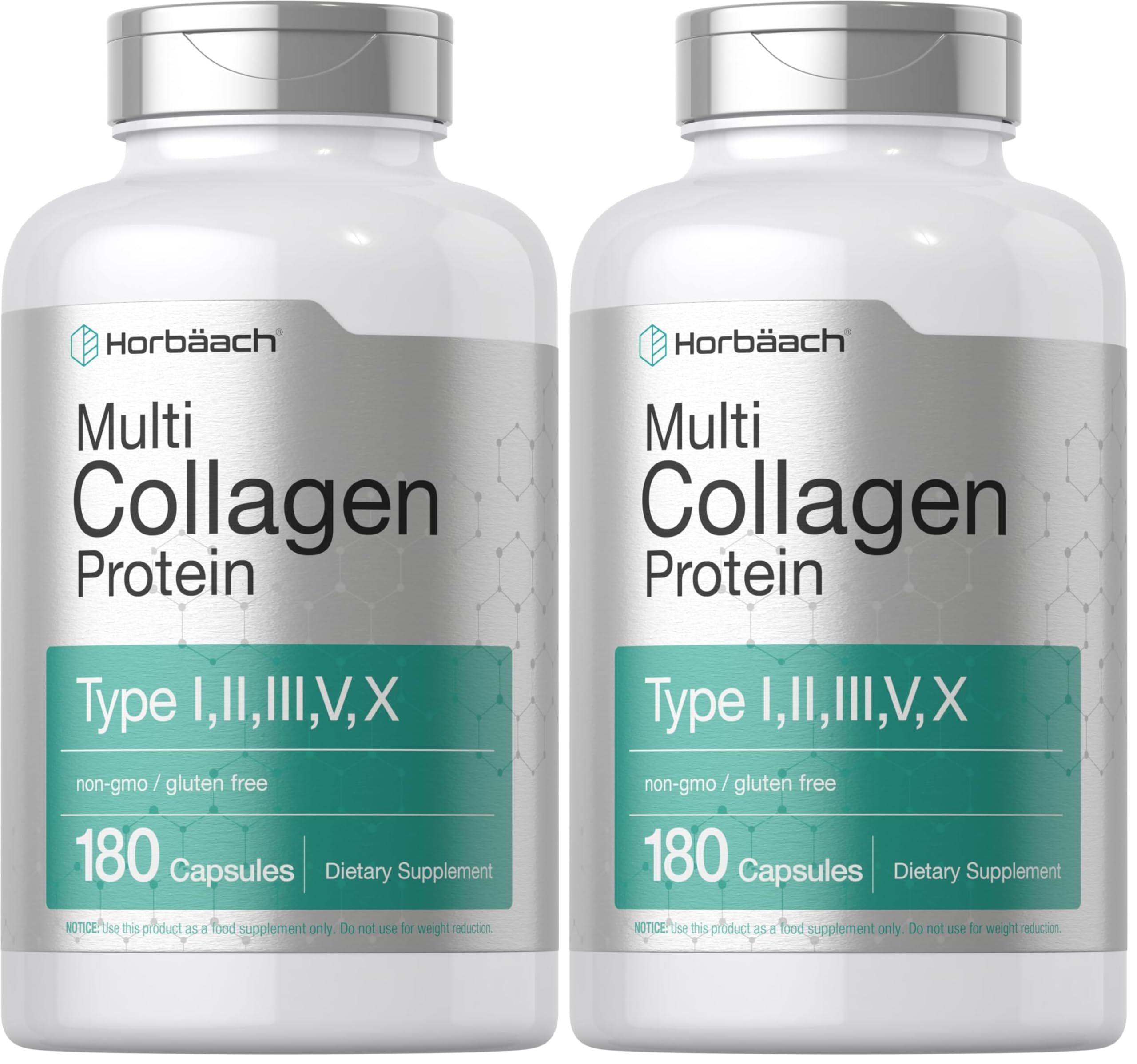Horbach Multi Collagen bottle label displays Types I-X and gluten-free promise.