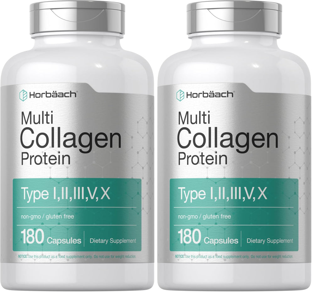 Horbach Multi Collagen bottle label displays Types I-X and gluten-free promise.