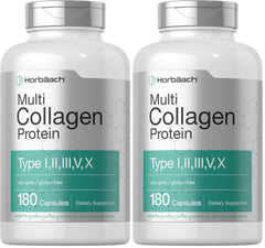 Horbach Multi Collagen bottle label displays Types I-X and gluten-free promise.