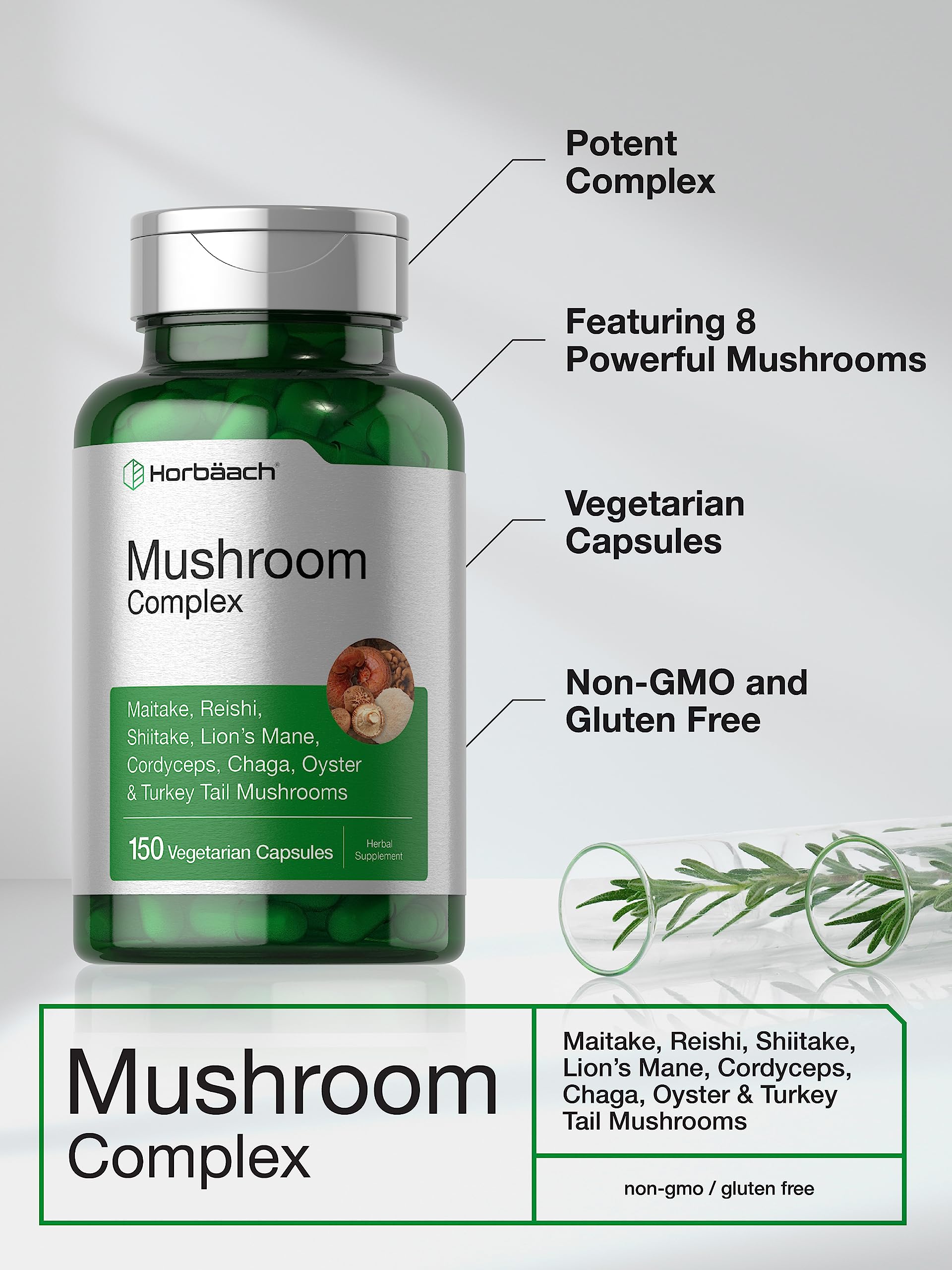 Horbäach Mushroom Complex blend of eight mushrooms shown in product imagery.