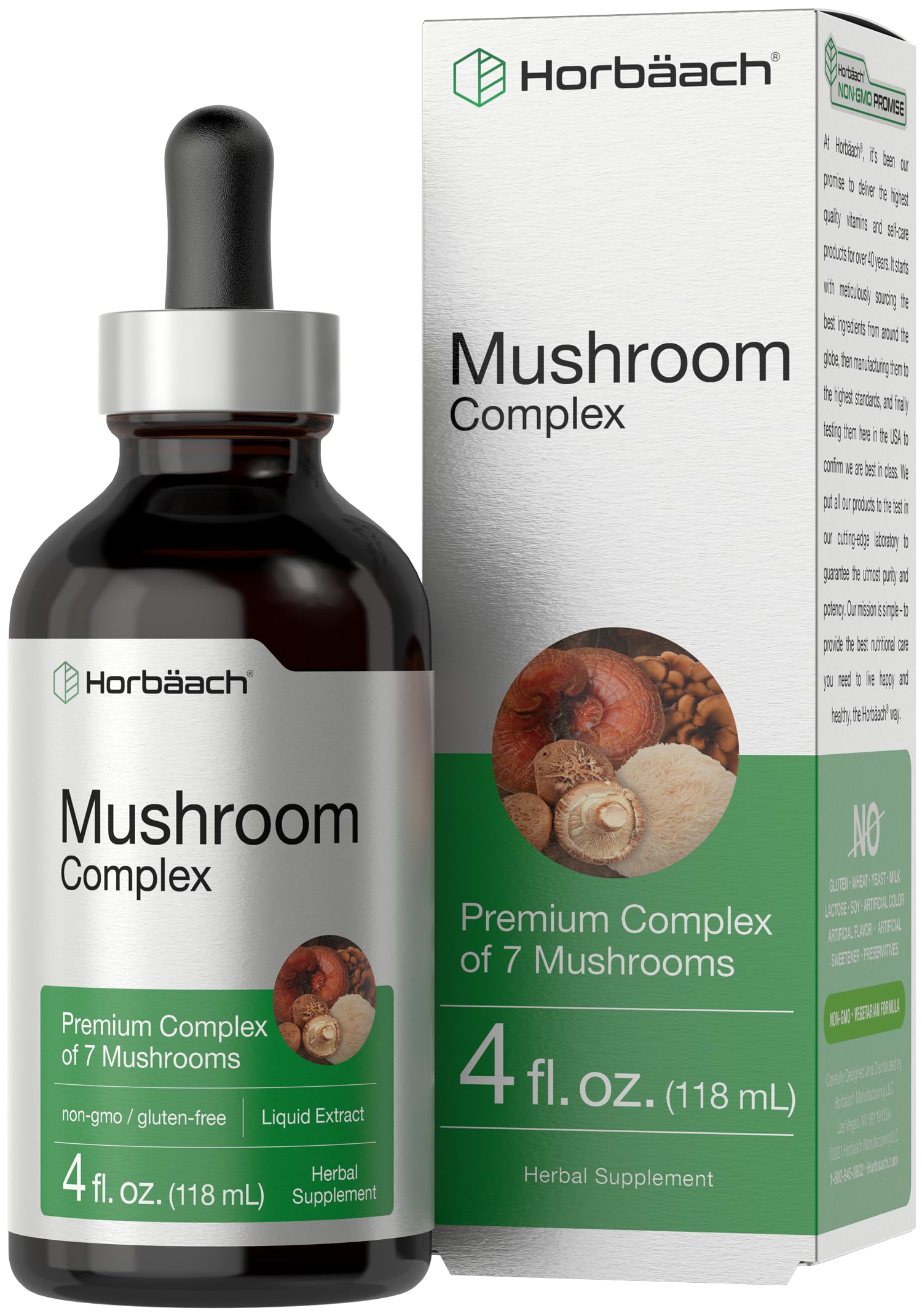 Horbäach Mushroom Complex bottle label highlights ingredients and clean gluten-free formula.