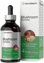 Horbäach Mushroom Complex bottle label highlights ingredients and clean gluten-free formula.