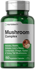 Horbäach Mushroom Complex capsules bottle close-up for daily wellness support.