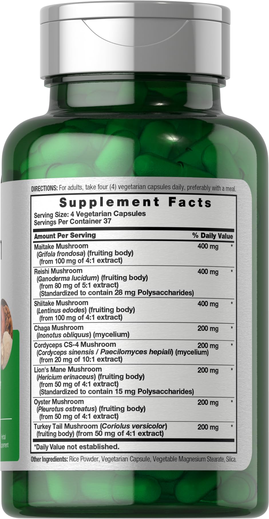 Horbäach Mushroom Complex label close-up highlights non-GMO and gluten-free formula.