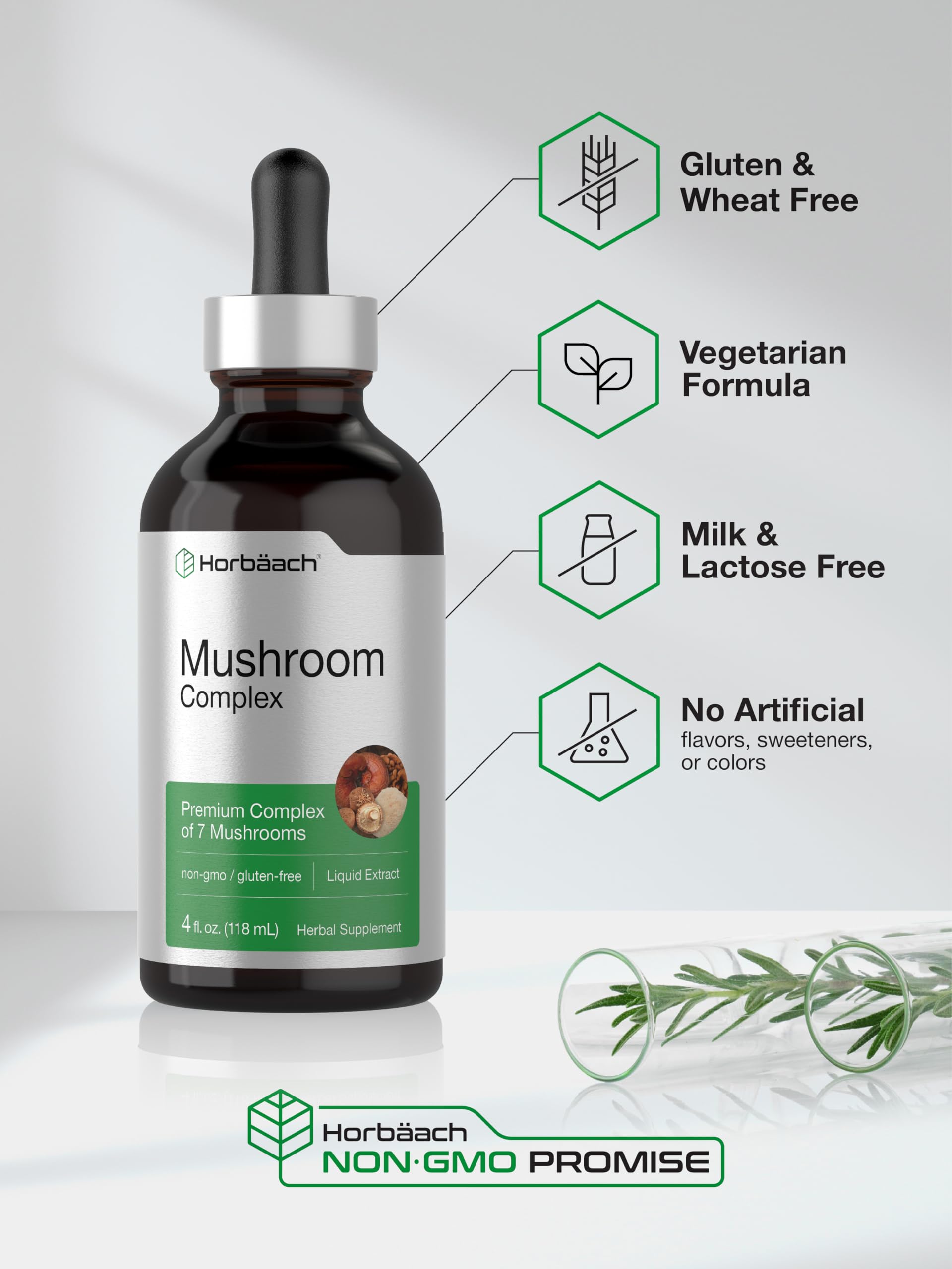 Horbäach Mushroom Complex packaging box showcases non-GMO and gluten-free features.