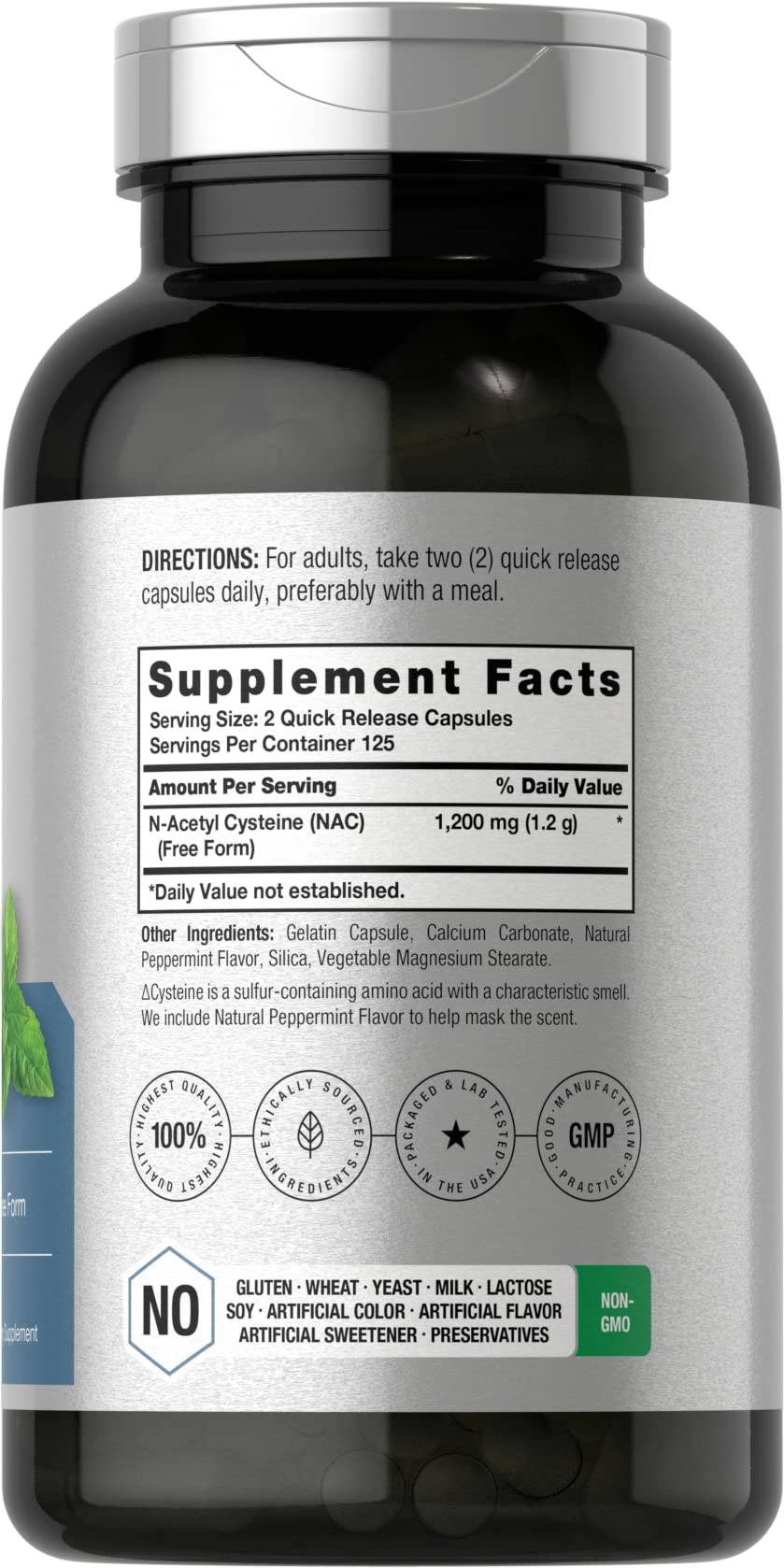 Horbäach NAC capsules closeup highlights pure NAC with peppermint flavor.