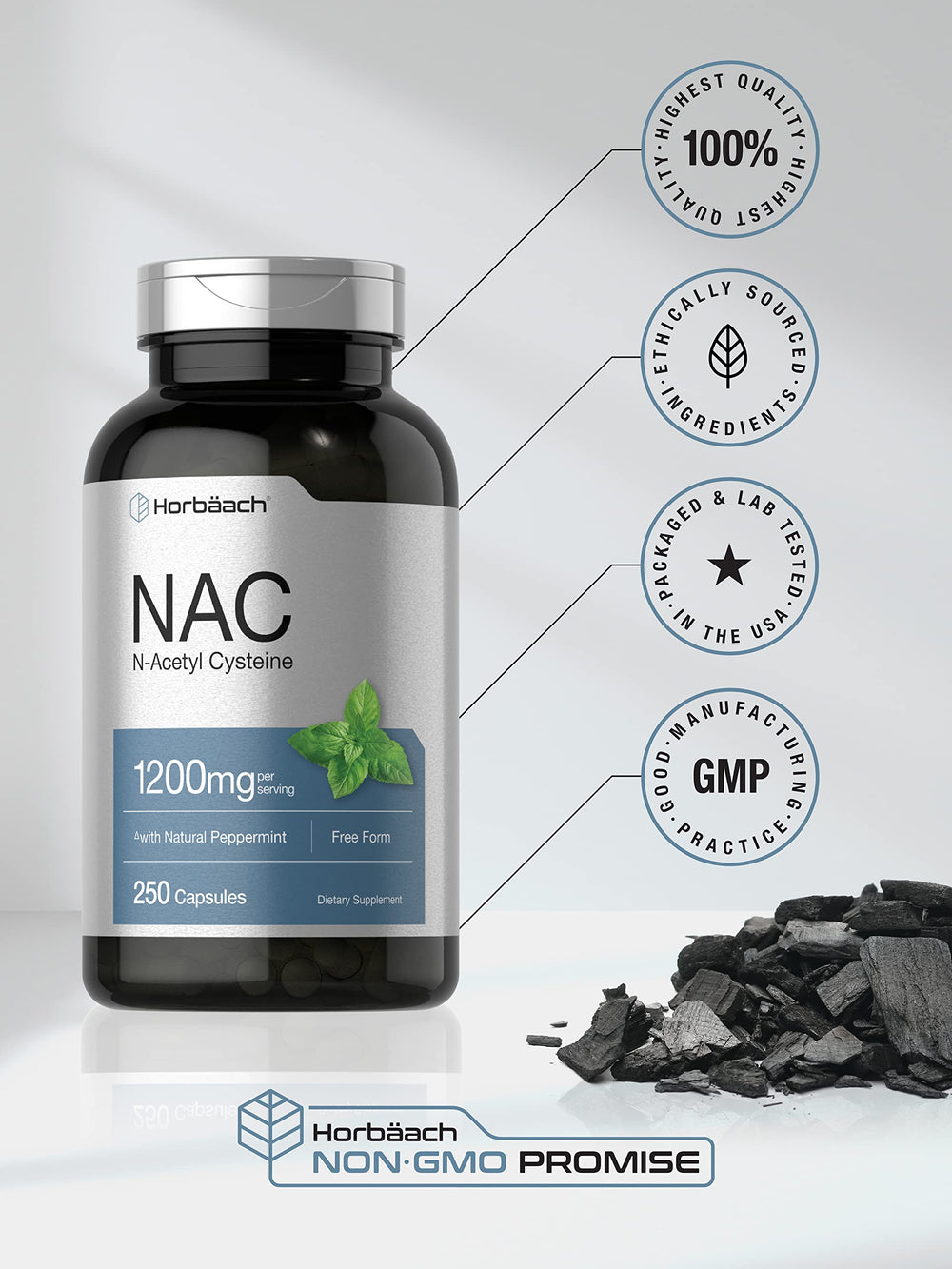 Horbäach NAC natural peppermint flavor image suggests fresh-tasting supplement experience.