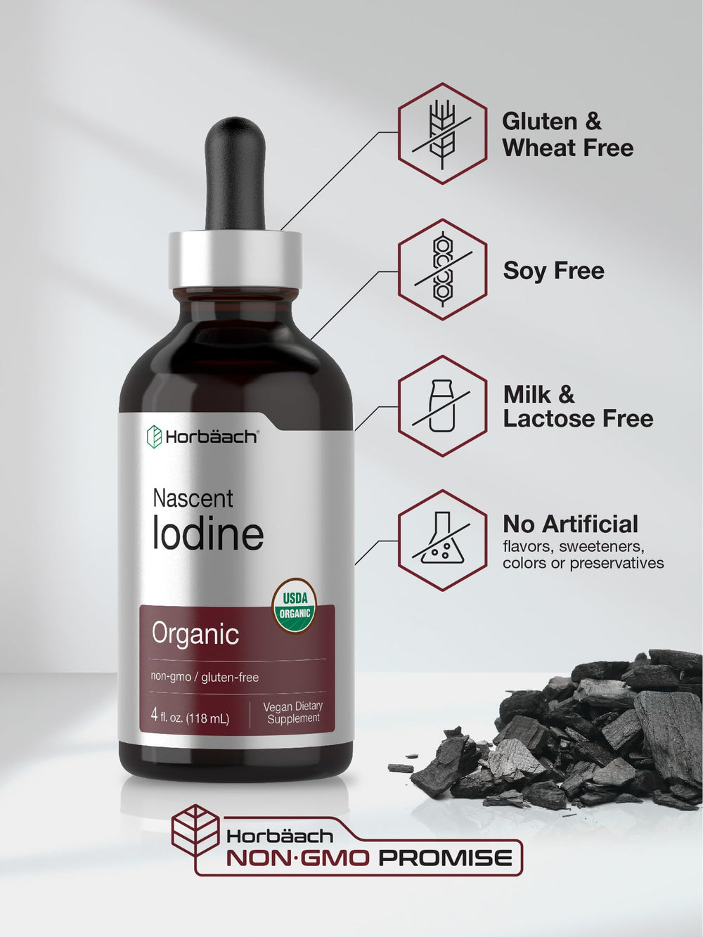 Clear glass Horbaach Nascent Iodine Drops bottle signals purity and quality.