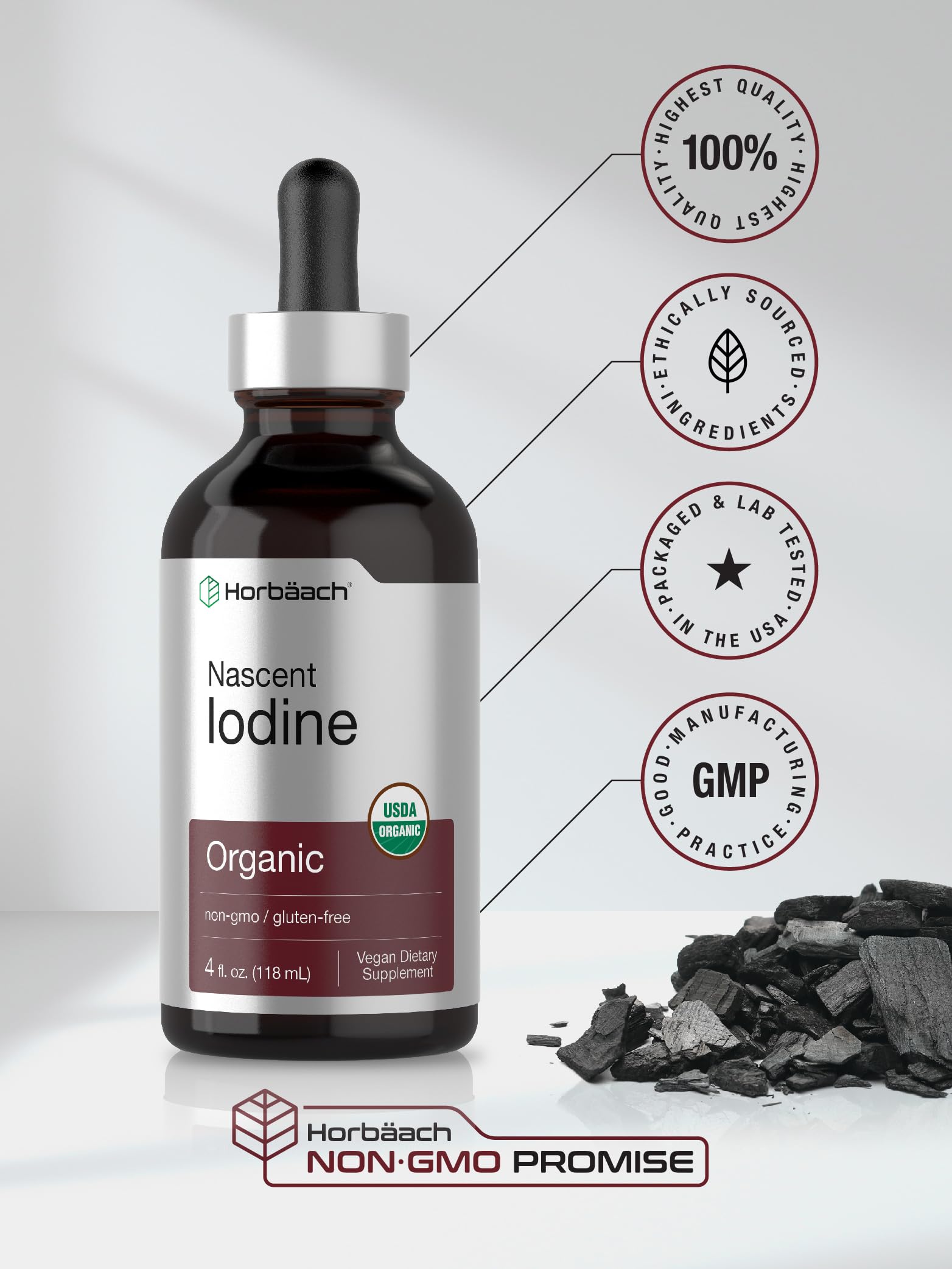 Horbaach Nascent Iodine Drops ingredient panel highlights organic iodine source.