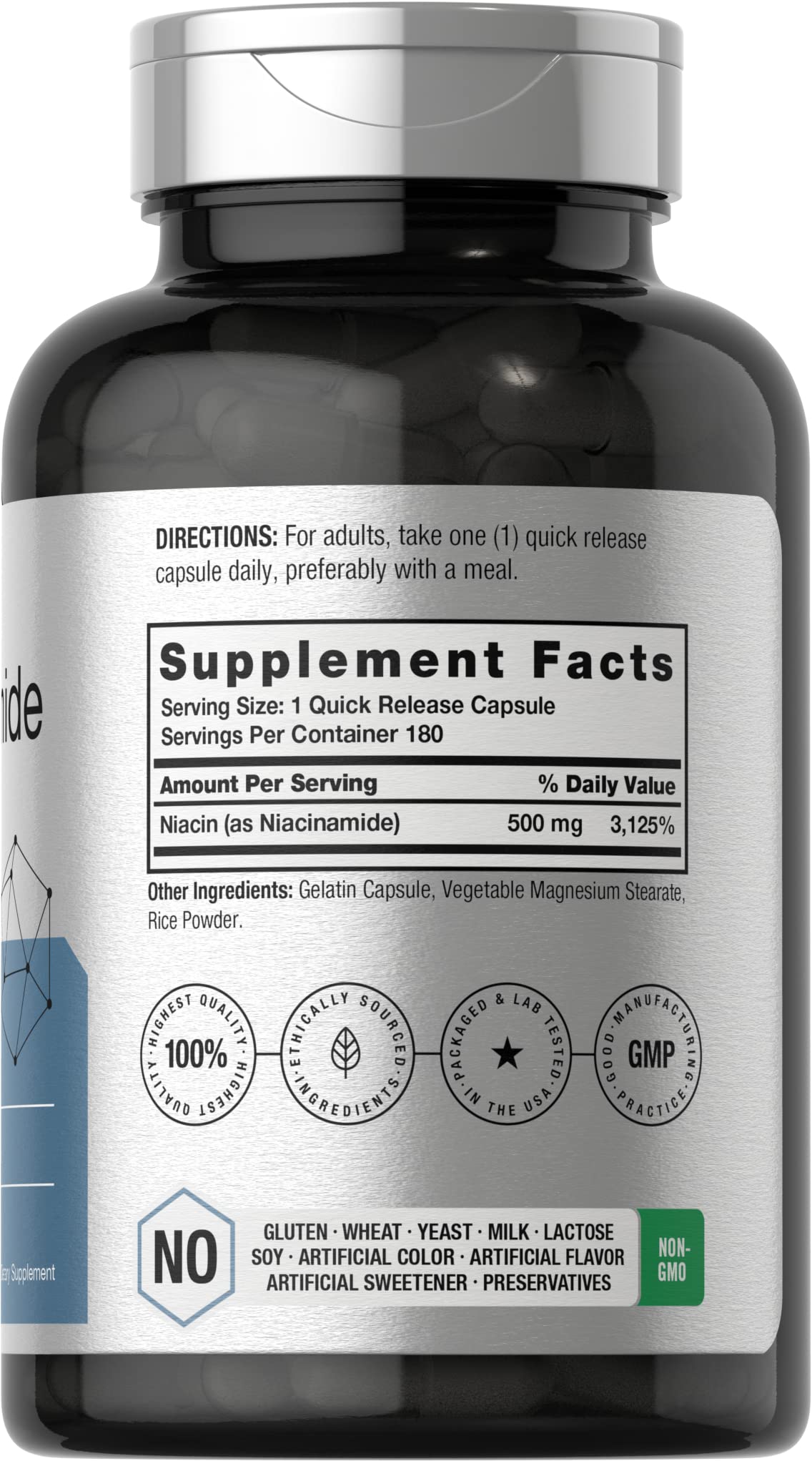 Horbäach Nicotinamide 500mg capsules close-up, quick-release formulation for convenience.