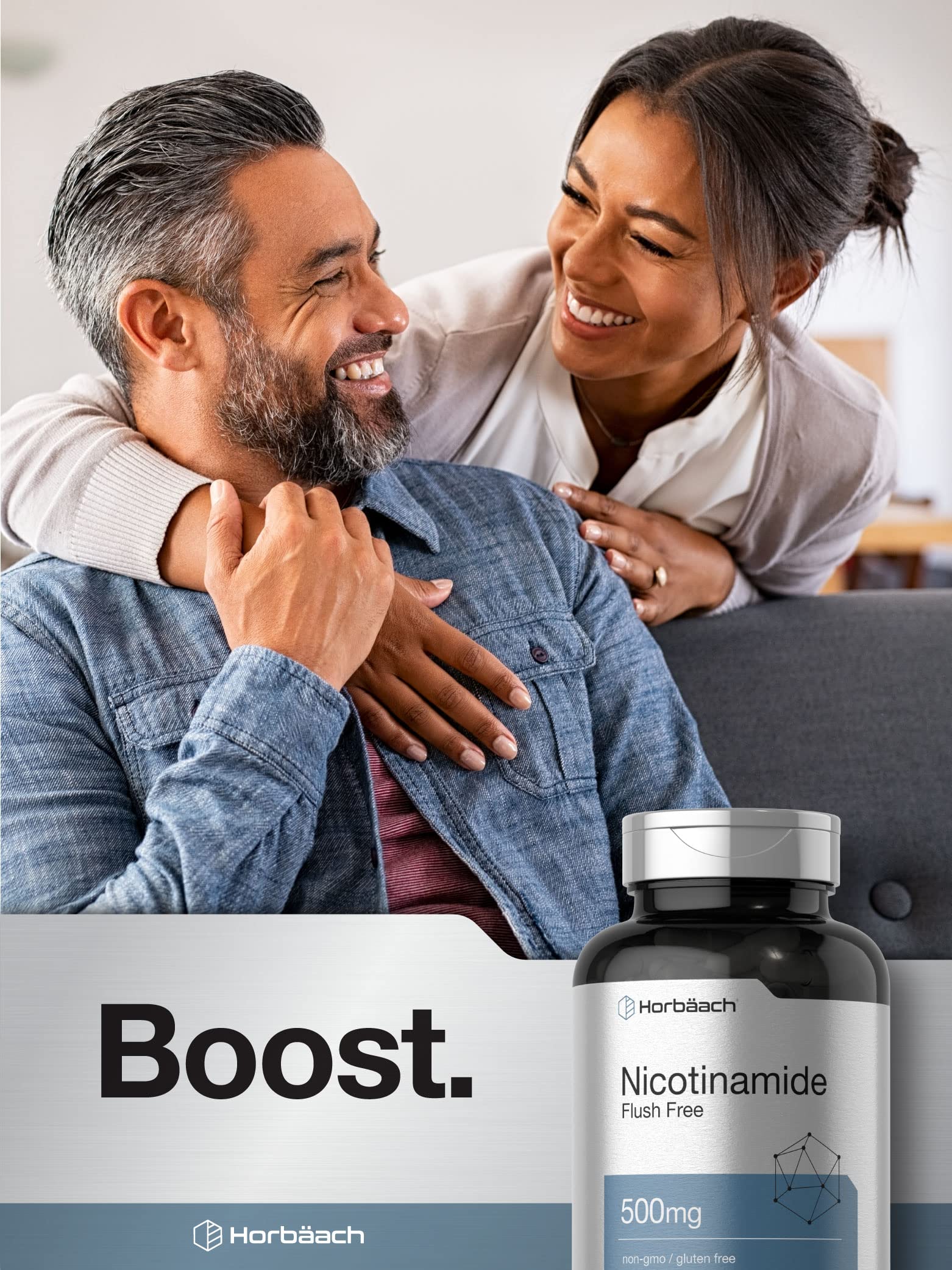 Horbäach Nicotinamide 500mg bottle with lab-tested seal conveys purity.