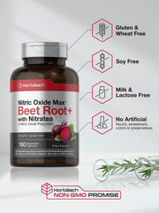 Horbäach Nitric Oxide Beet Root capsules ingredients panel emphasizes vegetarian, non-GMO formulation