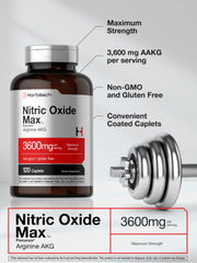 Horbäach Nitric Oxide Max 3600mg bottle with dietary icons showing gluten-free and non-GMO.