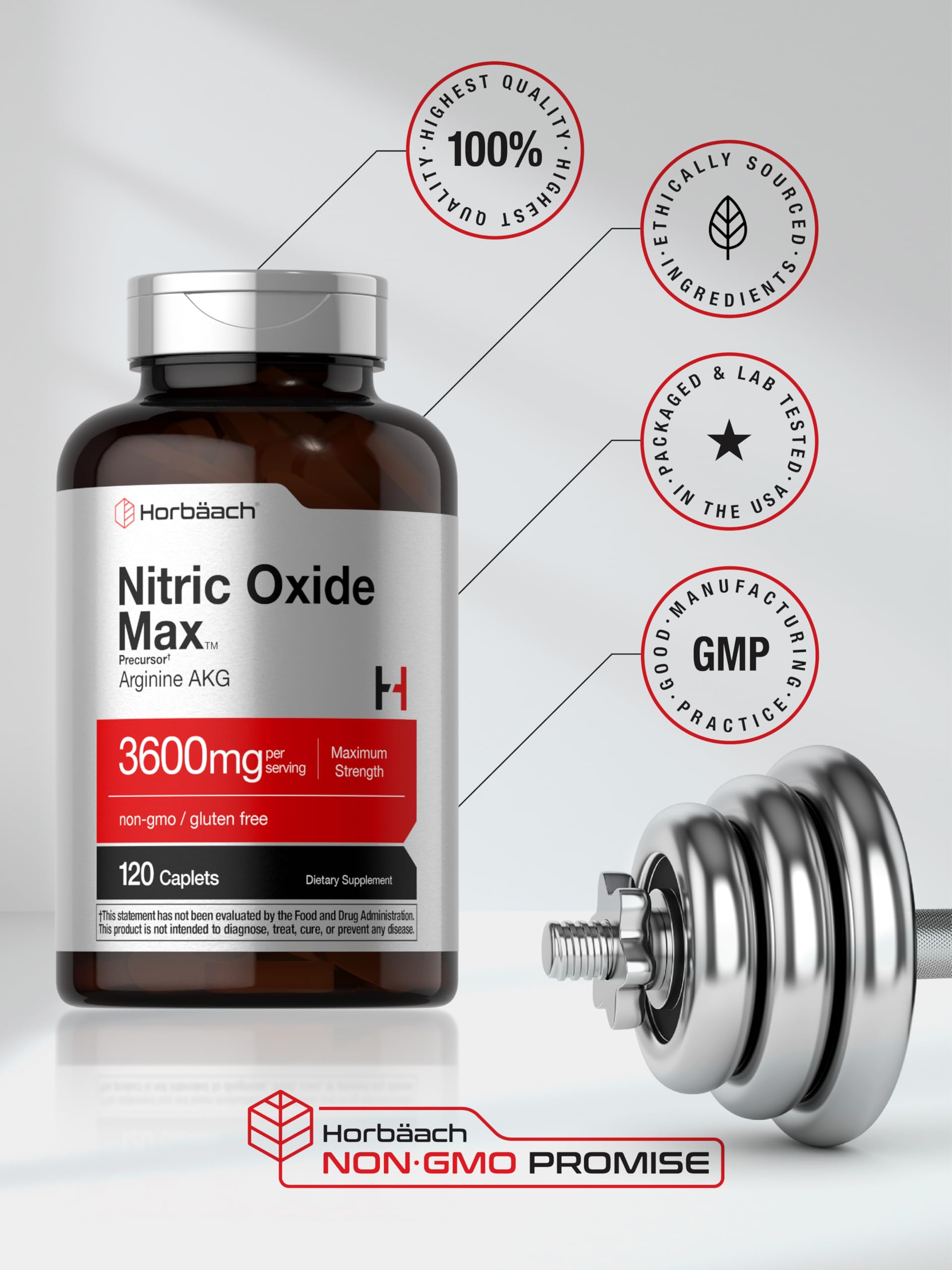 Horbäach Nitric Oxide Max 3600mg bottle and glass of water.