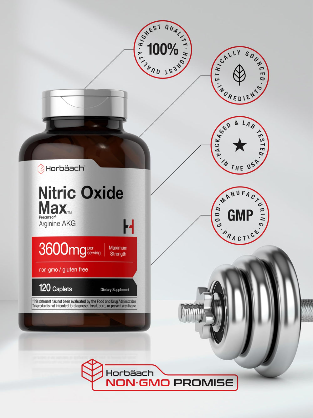 Horbäach Nitric Oxide Max 3600mg bottle and glass of water.