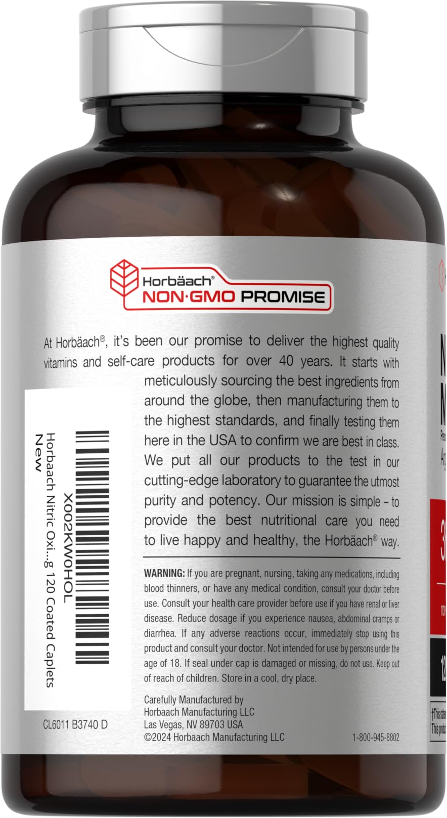 Horbäach Nitric Oxide Max 3600mg caplets inside bottle for pre-workout use.