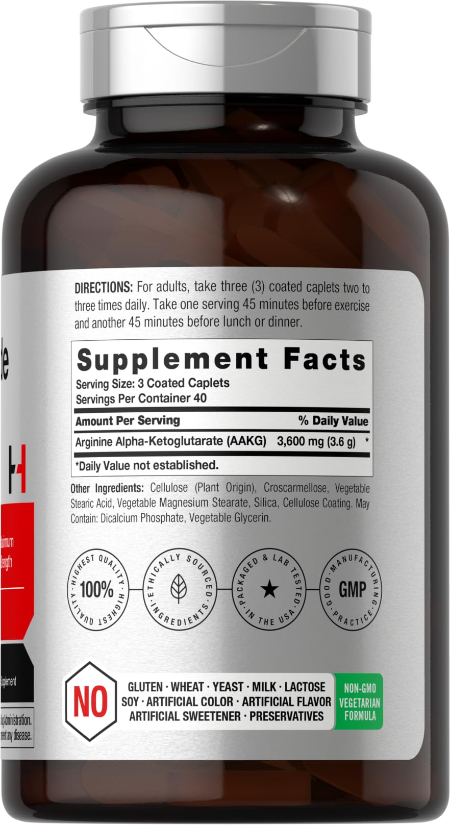 Horbäach Nitric Oxide Max 3600mg label close-up highlighting Arginine AAKG.