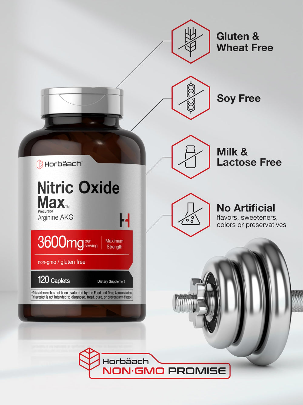 Horbäach Nitric Oxide Max 3600mg pre-workout scene with athlete and bottle.