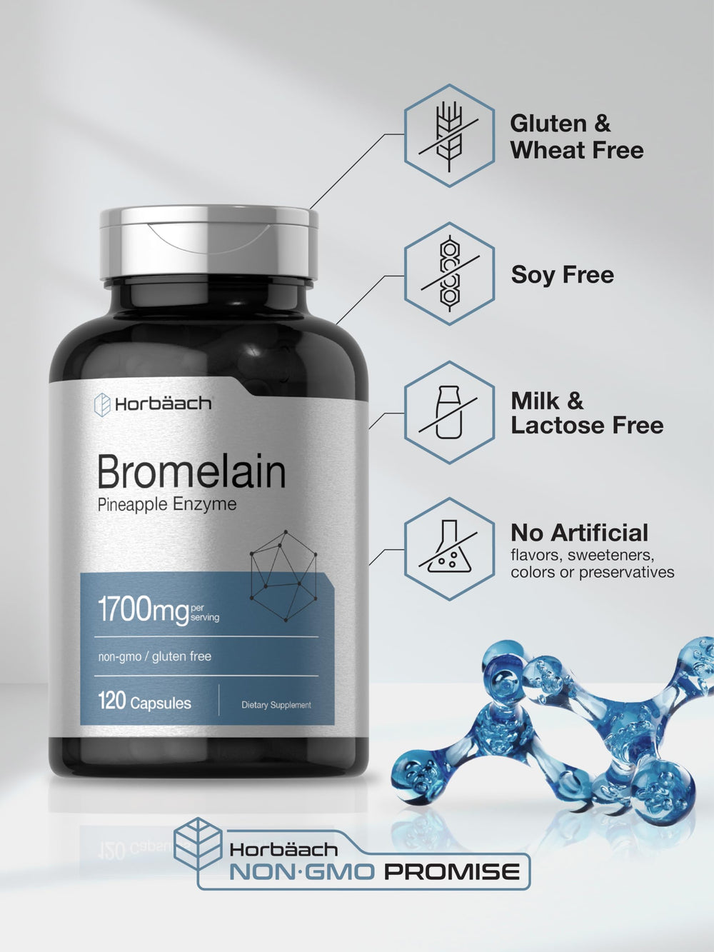 Non-GMO gluten-free bromelain by Horbäach in easy-to-swallow capsules