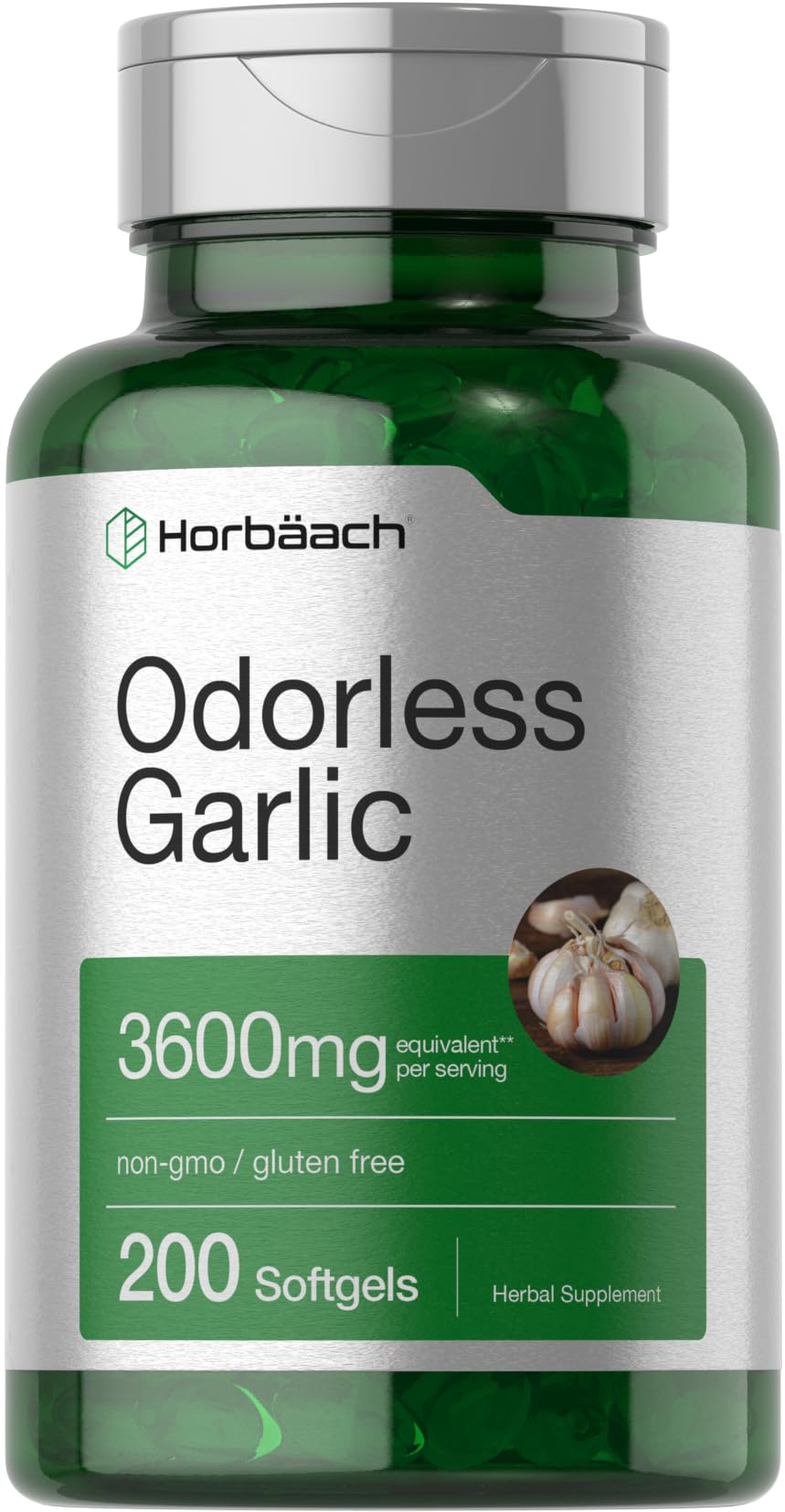 Horbaach Odorless Garlic softgels bottle for odorless daily wellness