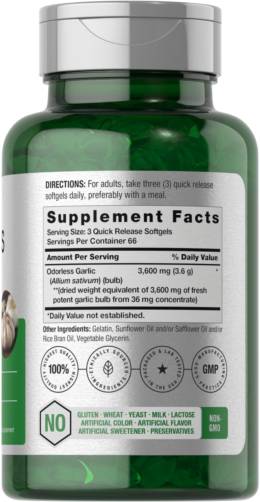 Horbaach Odorless Garlic capsules closeup highlighting 3600 mg potency