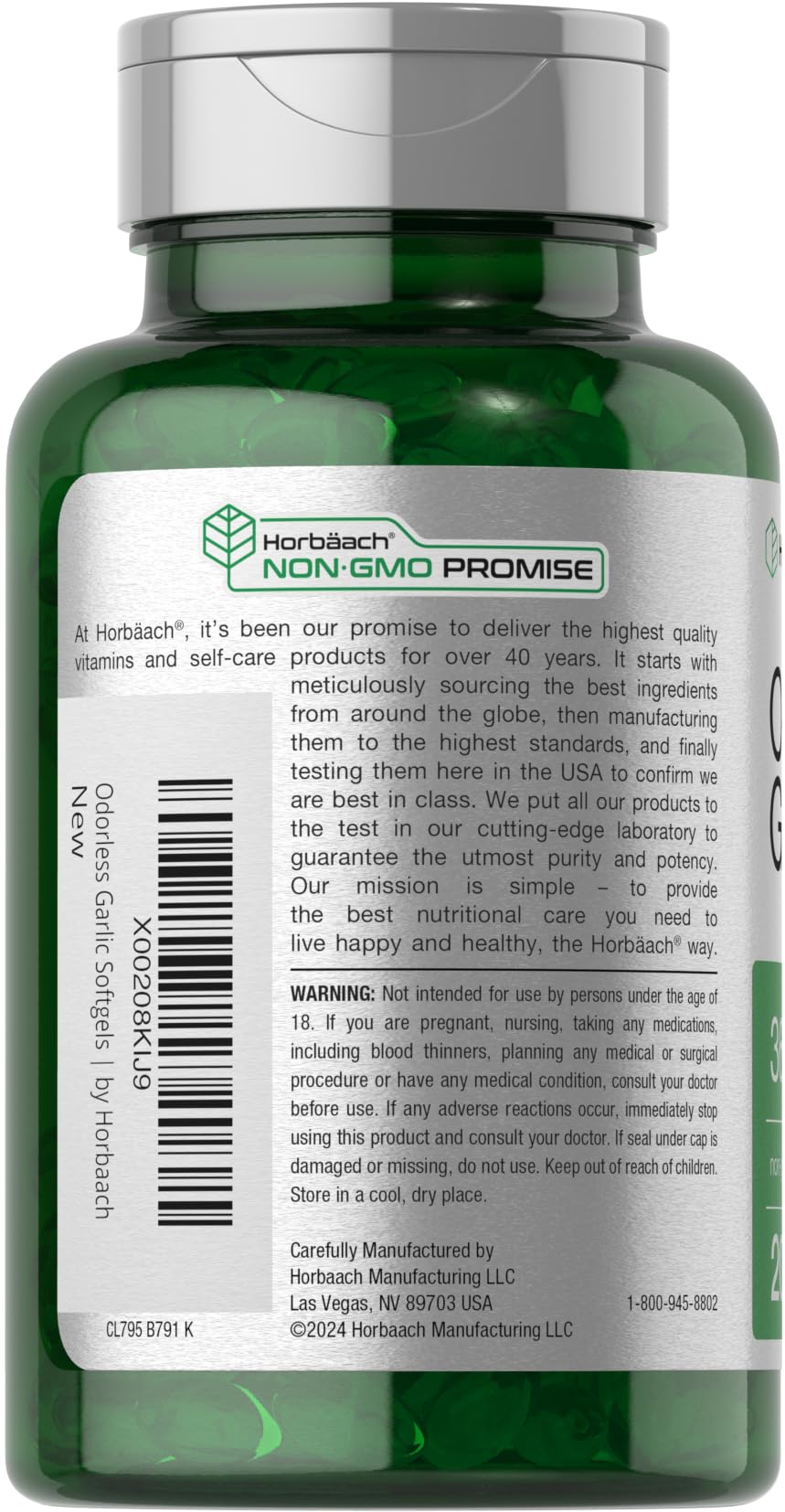 Horbäach Odorless Garlic Softgels label detail highlights purity.