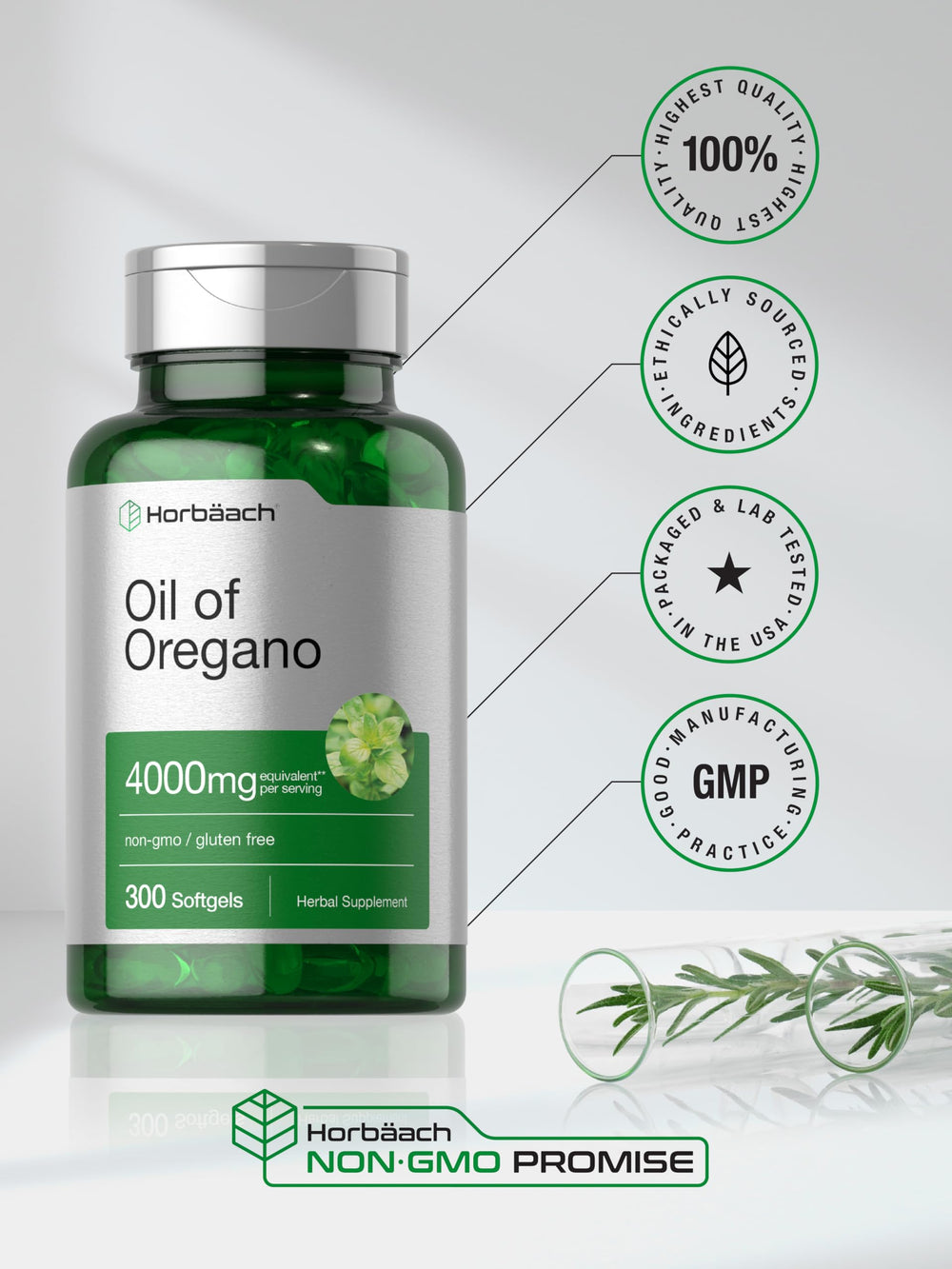 Horbäach Oregano Oil packaging, transparent bottle highlighting herbal supplement